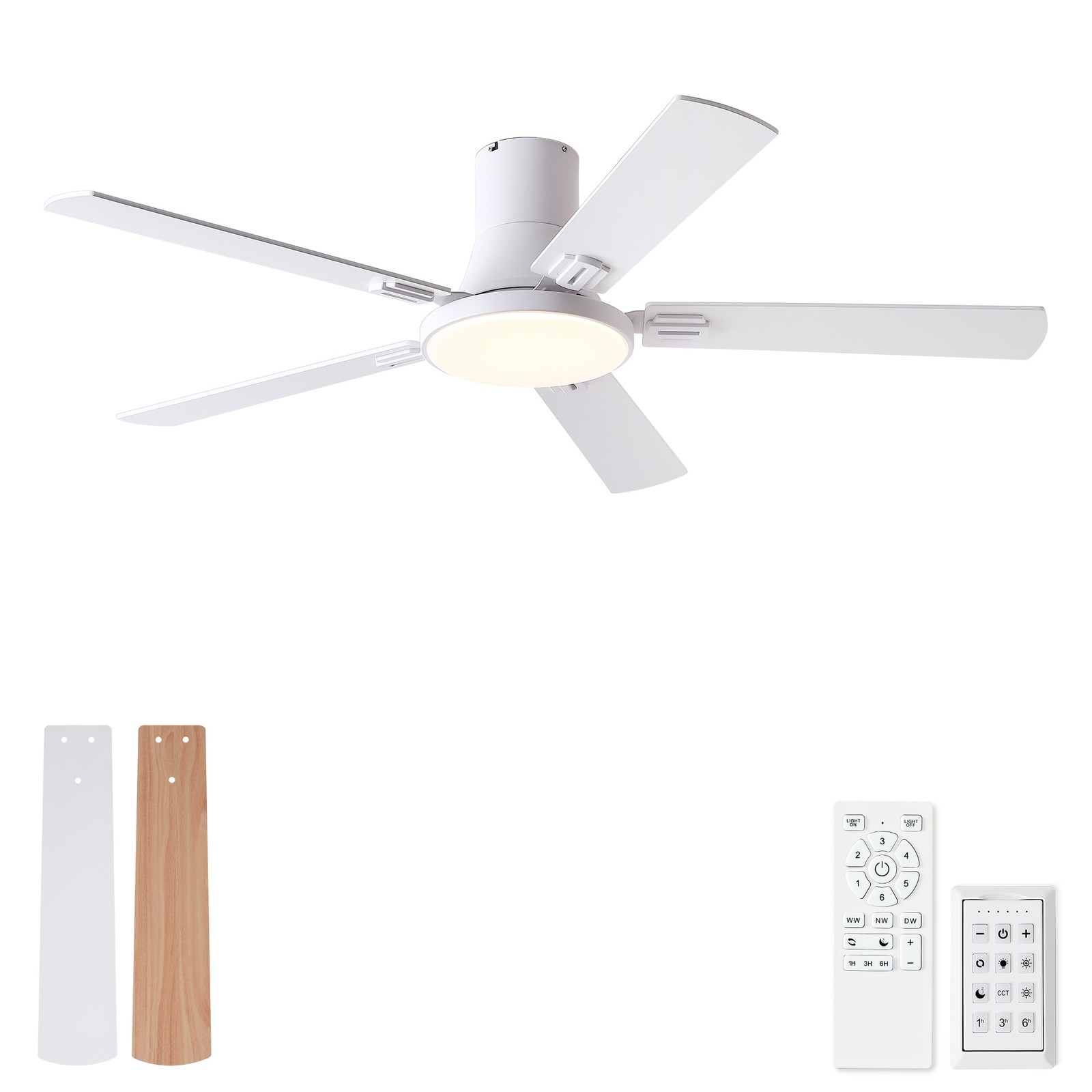 52" White Ceiling Fan with Light and Remote Control, 6-Speed DC Motor