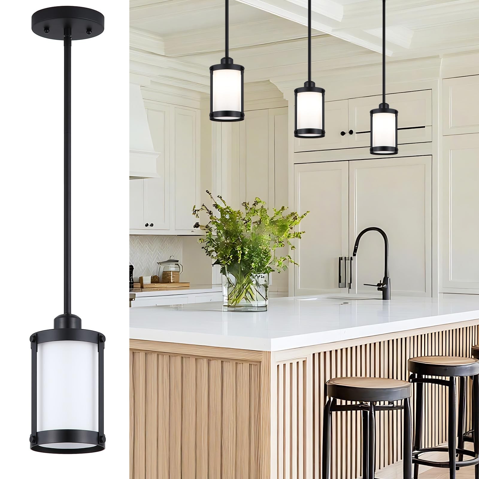 Black Milk Glass Pendant Light Kitchen Island,Modern Art Deco Chandelier Mini...