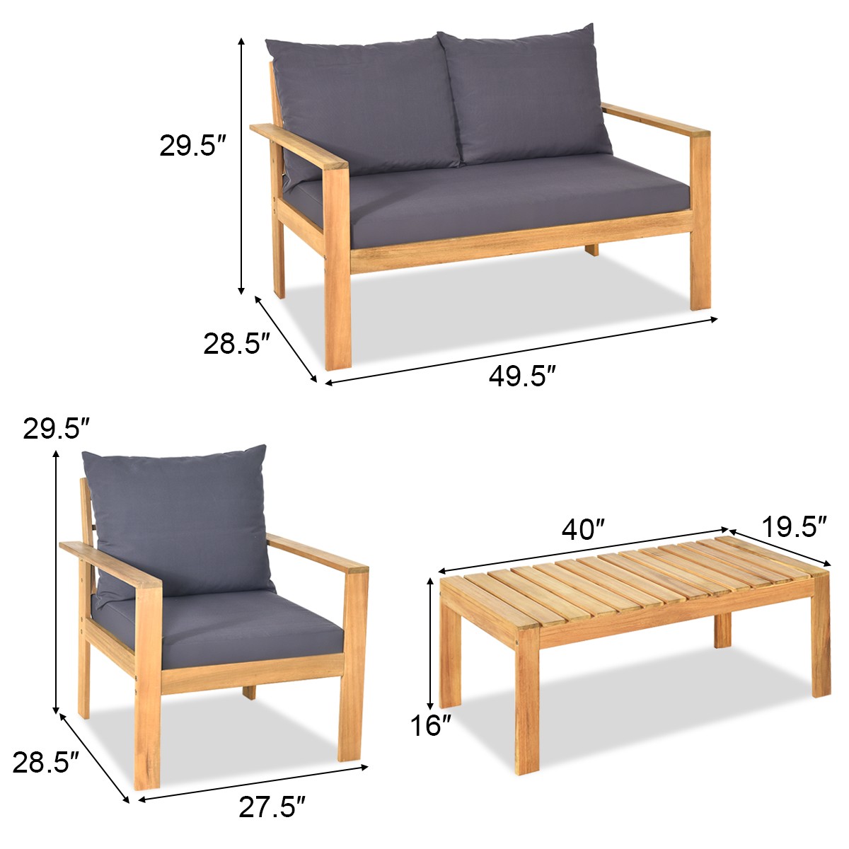 Topbuy 4 PCS Acacia Wood Conversation Sofa Table Furniture Set W/ Grey Cushions