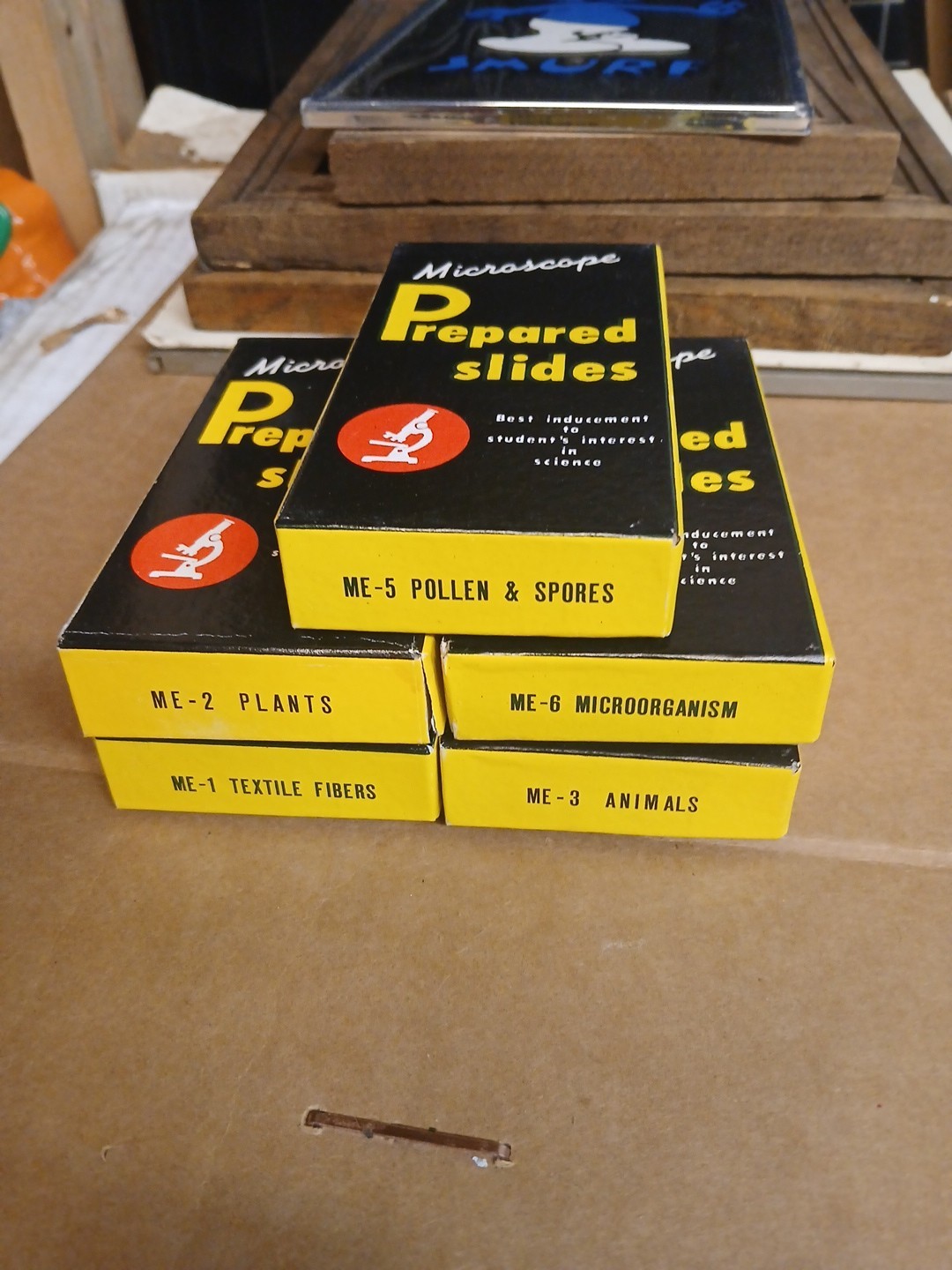 Vtg Microscope Prepared Slides 5 Boxes ME1,2,3,5,8 Made In Japan 60 Slides