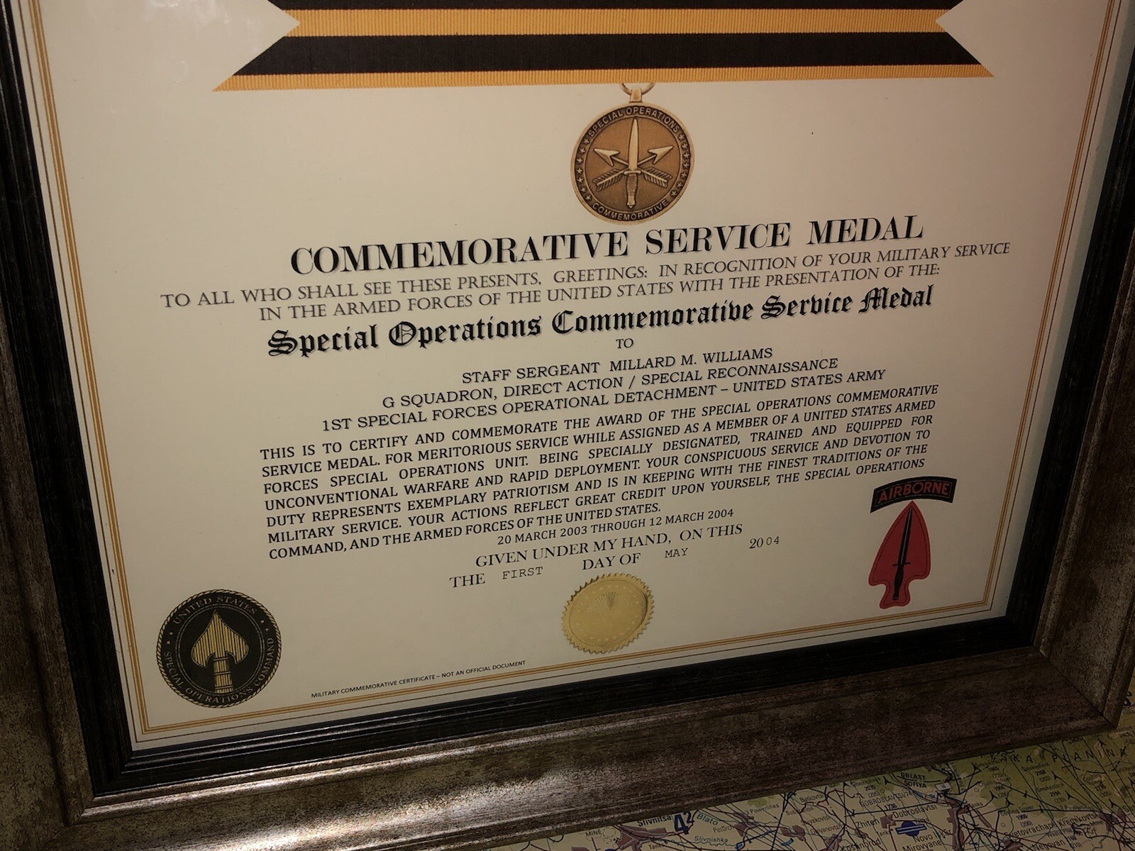 SPECIAL OPERATIONS COMMEMORATIVE SERVICE MEDAL CERTIFICATE ~ Type 1