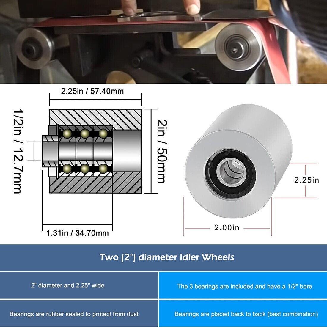 2" x 72" Belt Grinder Wheel Set Complete Wheel Kit or Knife Grinder 5" Drive