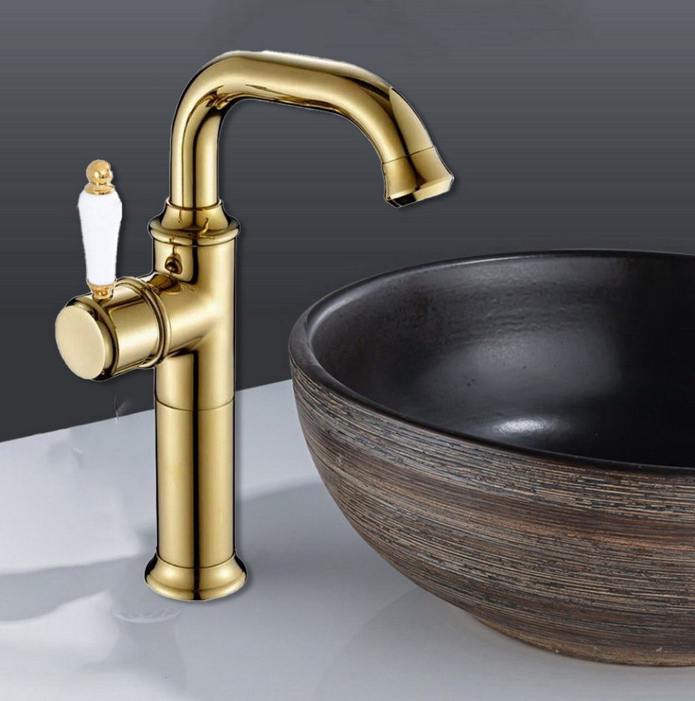 Gold Color Brass Bathroom Kitchen Bar Vessel Sink Swivel Faucet Mixer Tap ssf947