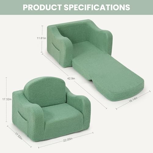 Comfy Toddler Chair & Kids, 2-in-1 Soft Couch Fold Out for Green Teddy Velvet