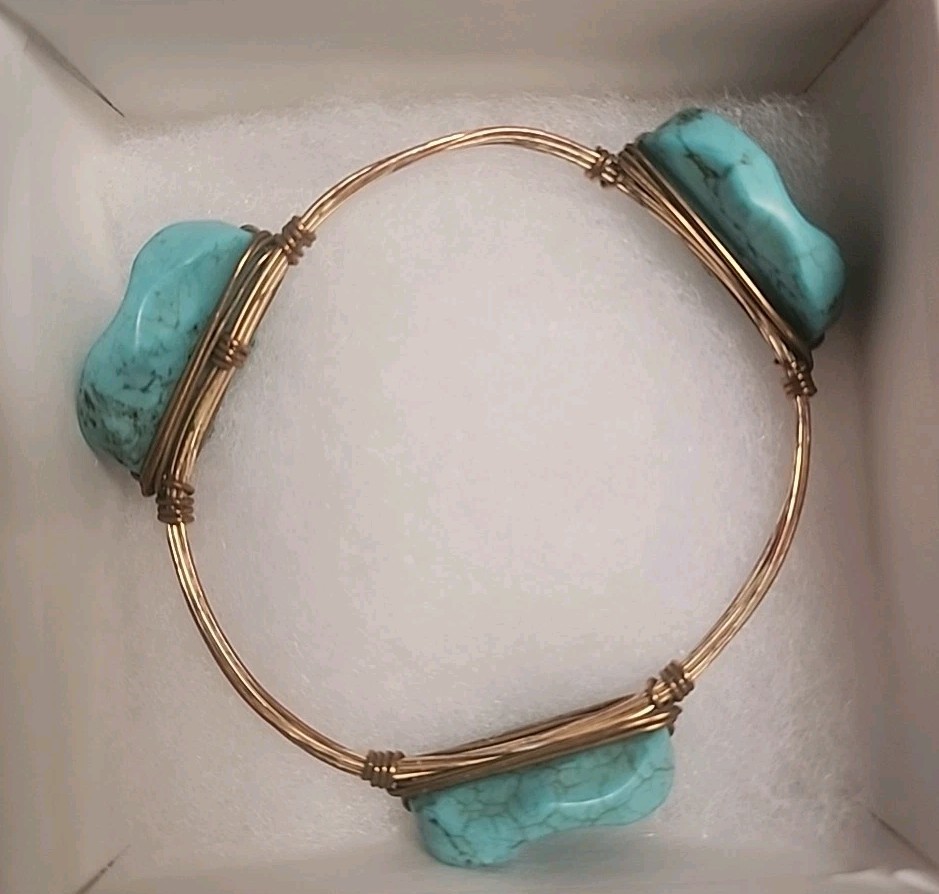 Gold Tone Wire Wrapped Turquoise Stone Bangle Bracelet Artisan