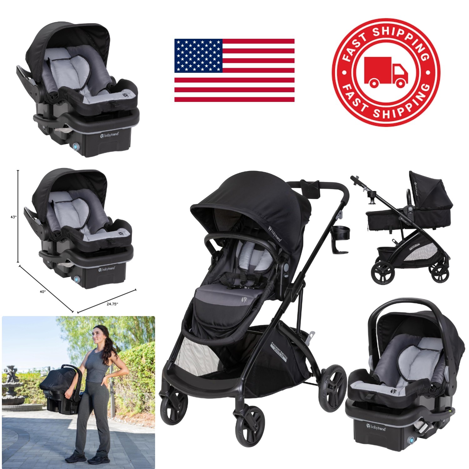 Passport Switch 6 in 1 Modular Stroller Travel System with Infant Car Seat Black