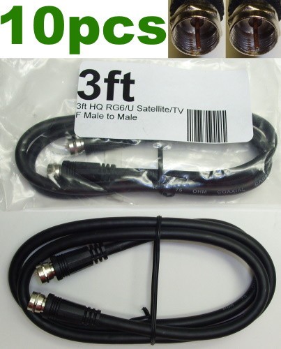 Lot10pack/pk 3ft RG6 Screw on F, 75ohm Coax/Coaxial TV/Satellite/Cable/HDTV Wire