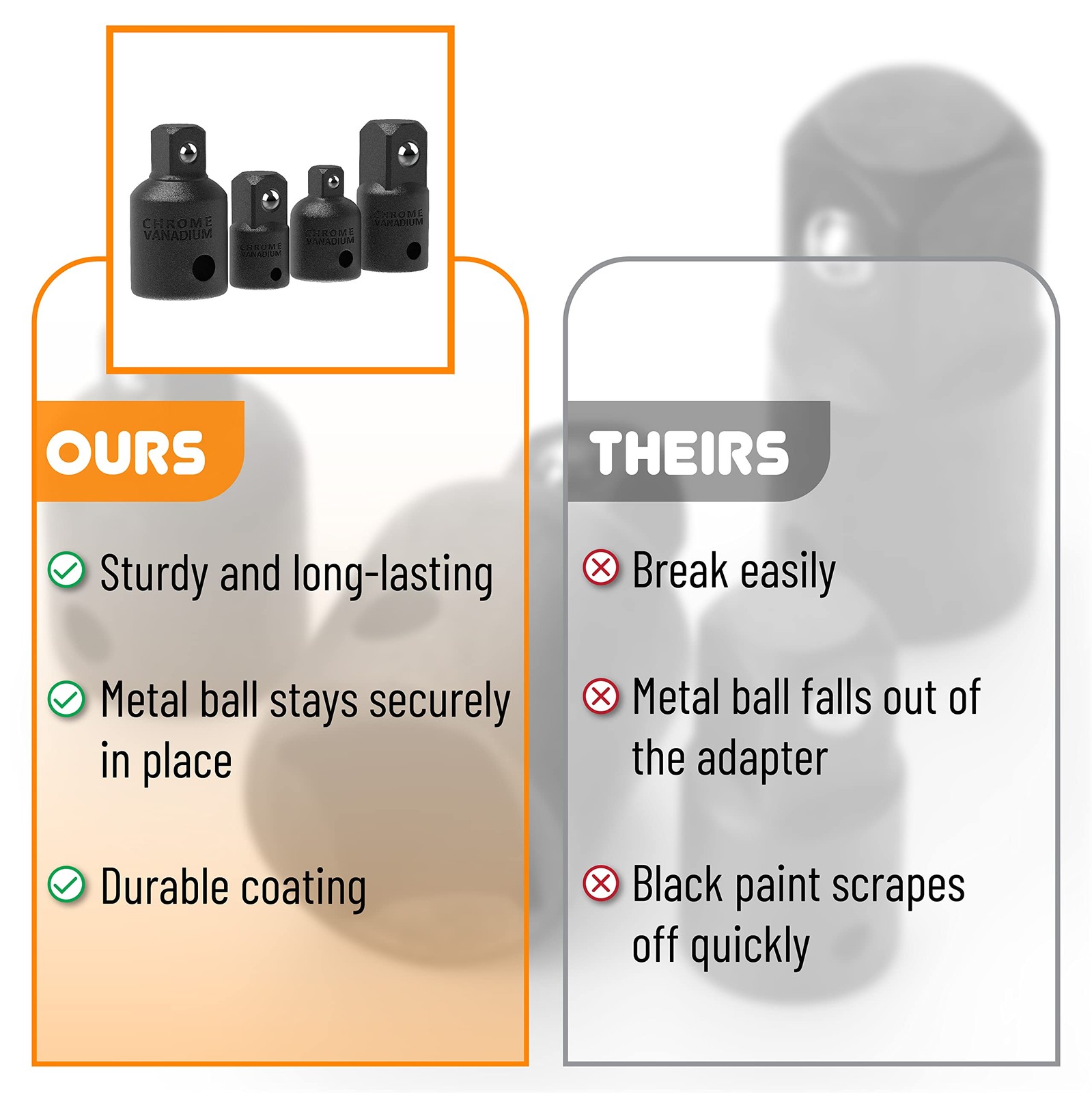 Bates- Impact Socket Adapter and Reducer Set, 4-pcs, 4 pcs, Black
