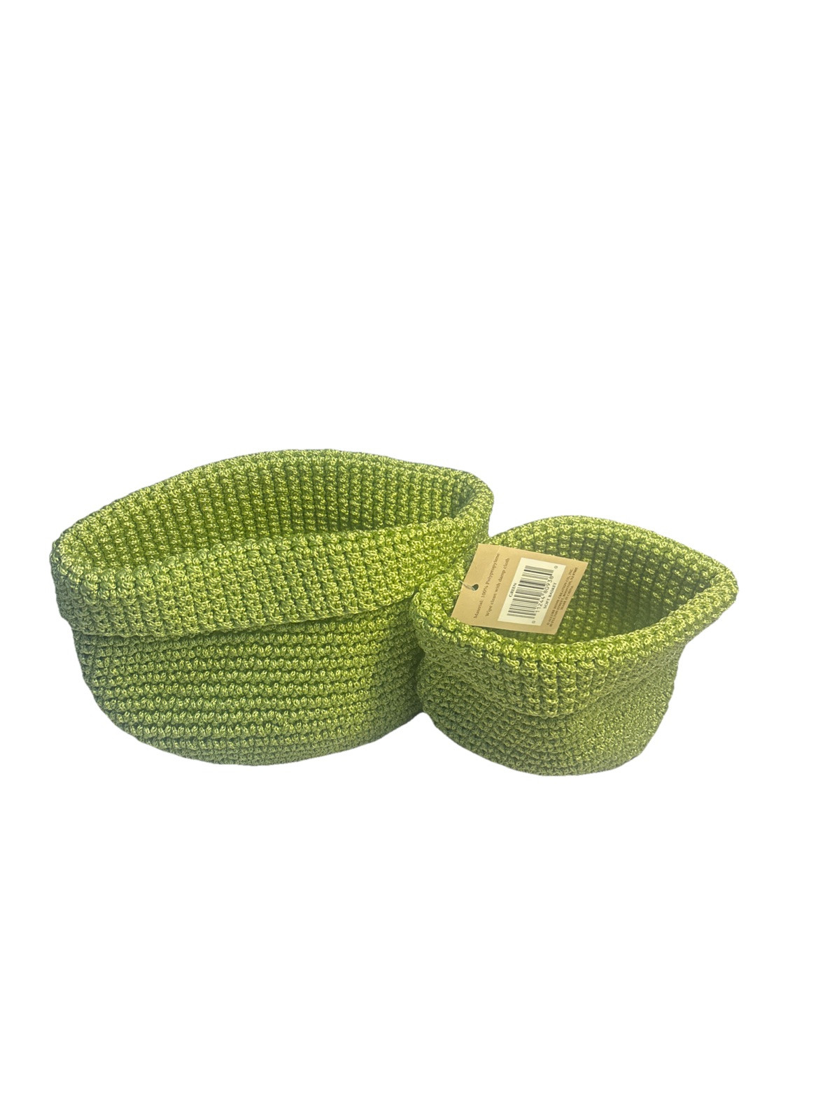 Set Of Two Vintage Lime Green Crocheted Soft Storage Baskets 7” And 4”