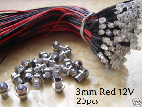3x 3mm Red 12V Car,Boat LED + Metal Holder Bezel, 3HR