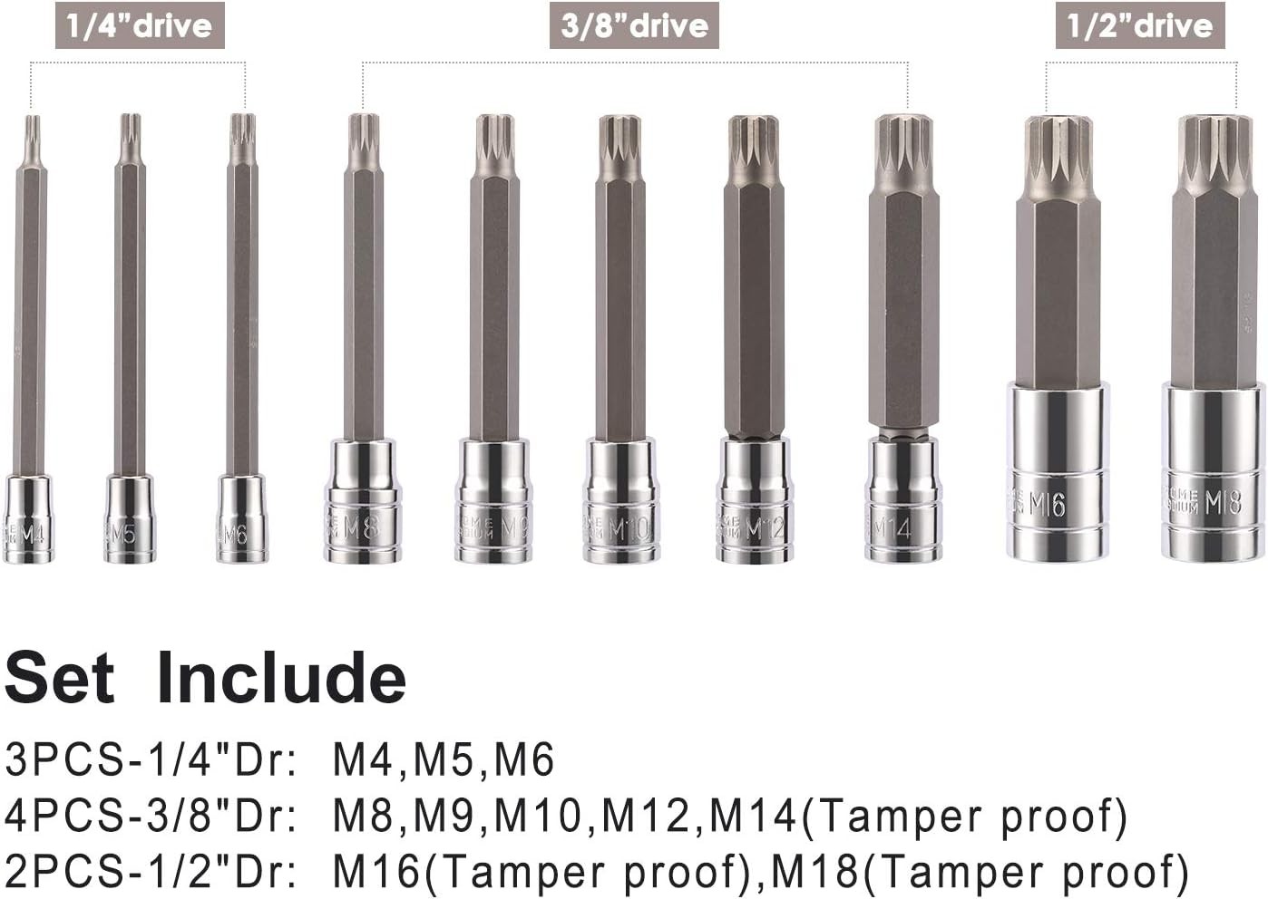 CASOMAN 10 Piece Spline Tip Bit Socket Set, M-Type, S2 and Cr-V One Size