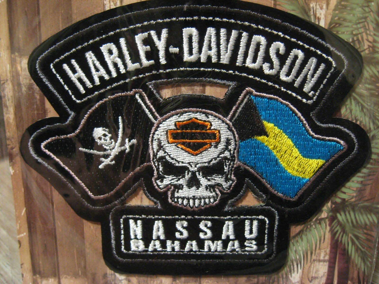Harley Davidson Emblem 5" Sew On Patch - Nassau Bahamas Skull & Flags