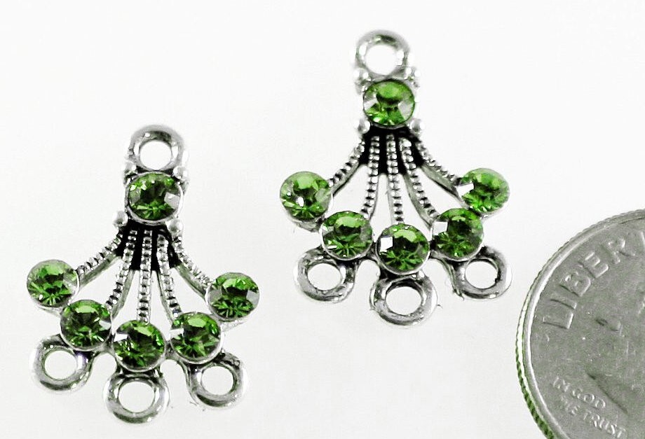 2 Silver Plated Pewter 13mm Fan Chandelier Links w/ Swarovski Peridot Crystals *