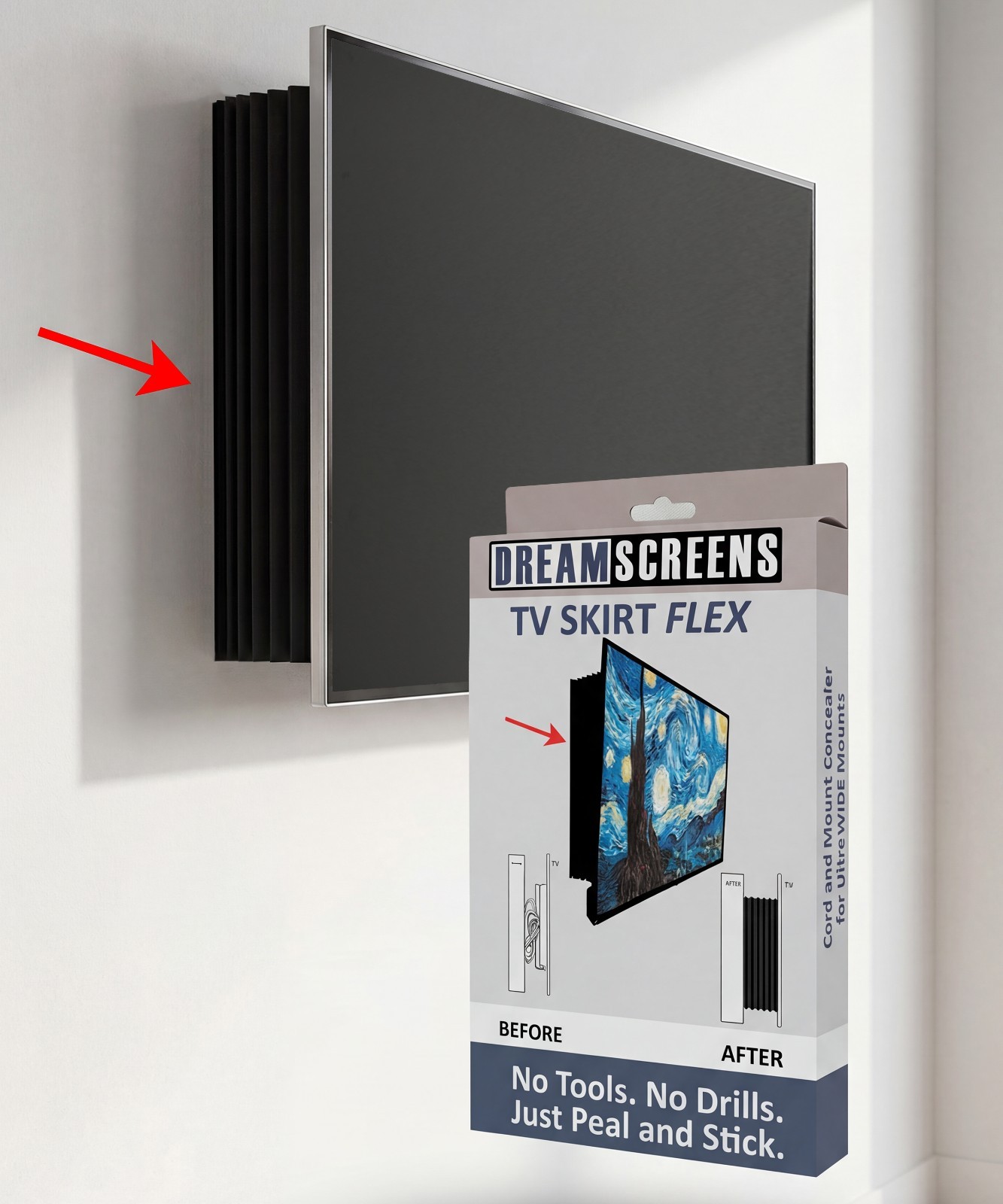 Dreamscreens TV Skirt Flex Conceals Mounts & Cables Adjustable Width Height Tilt