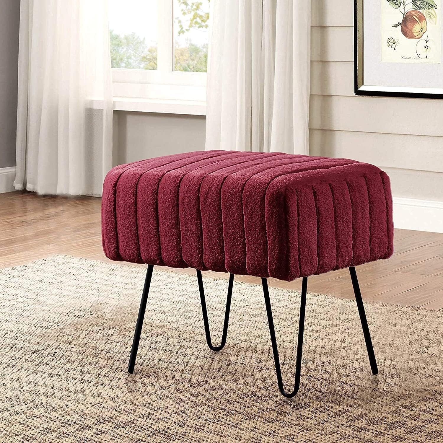 Home Soft Things Super Mink Faux Fur Red Ottoman Bench, 19" x 13" x 17" H, Tawny