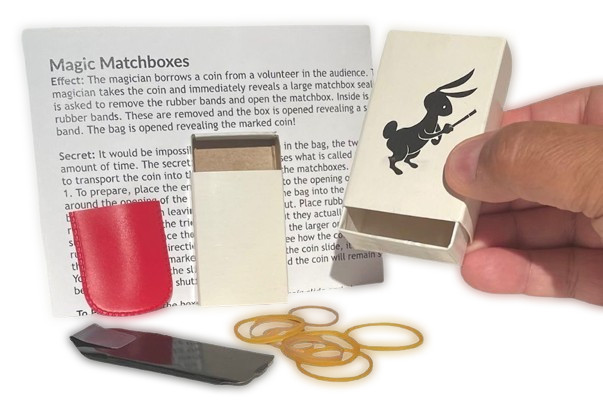 ADAMS MATCH BOX MAGIC TRICK Appearing Coin In Nesting Boxes & Bag Beginner Set