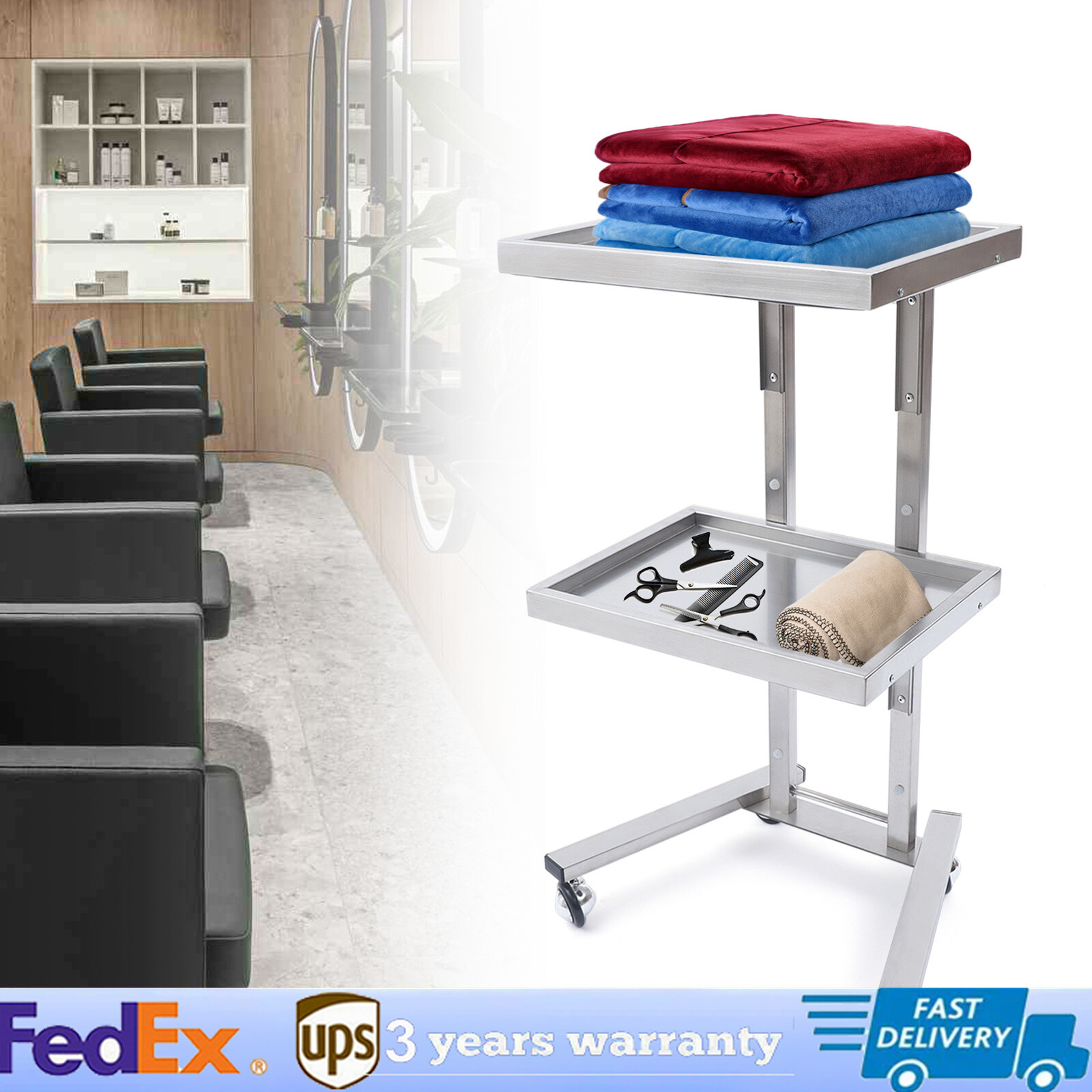 2 Tier Stainless Steel Trolley Cart Hair Salon Tattoo Medical Tray Cart Silver