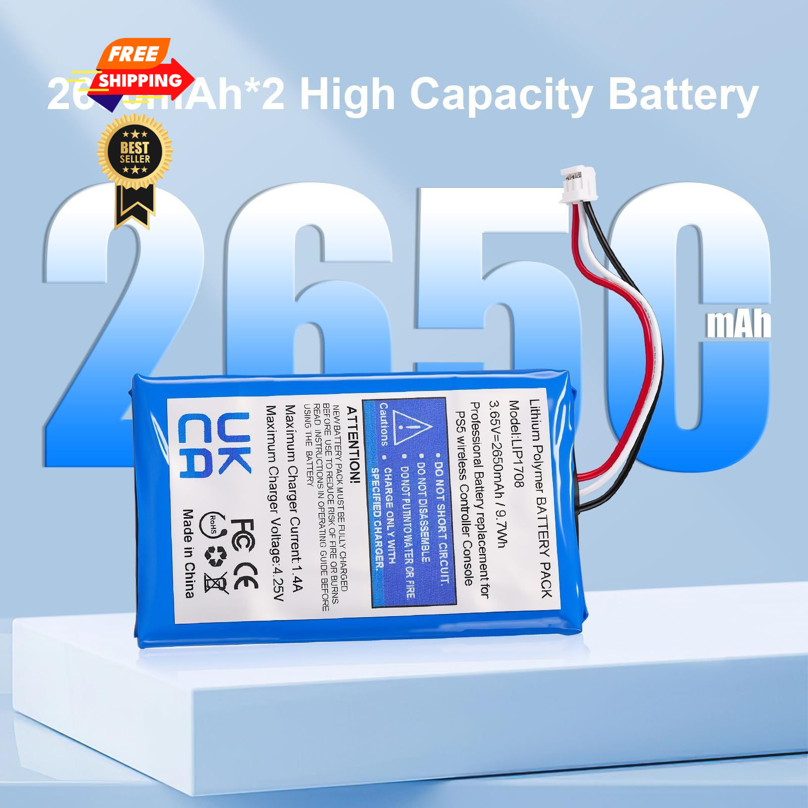 GKUGEYGO PS5 Controller Battery, 2-Pack LIP1708 Replacement Battery for Black
