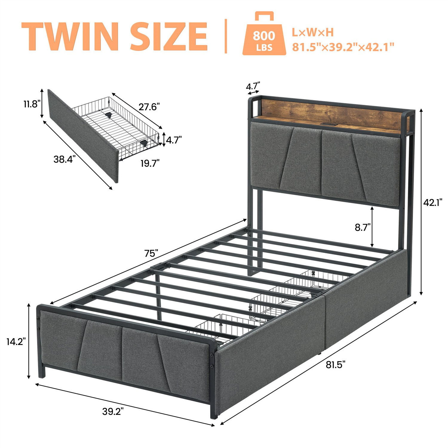 Twin Size Bed Frame with 2 Storage Drawers Linen Upholstered Platform Bedframe