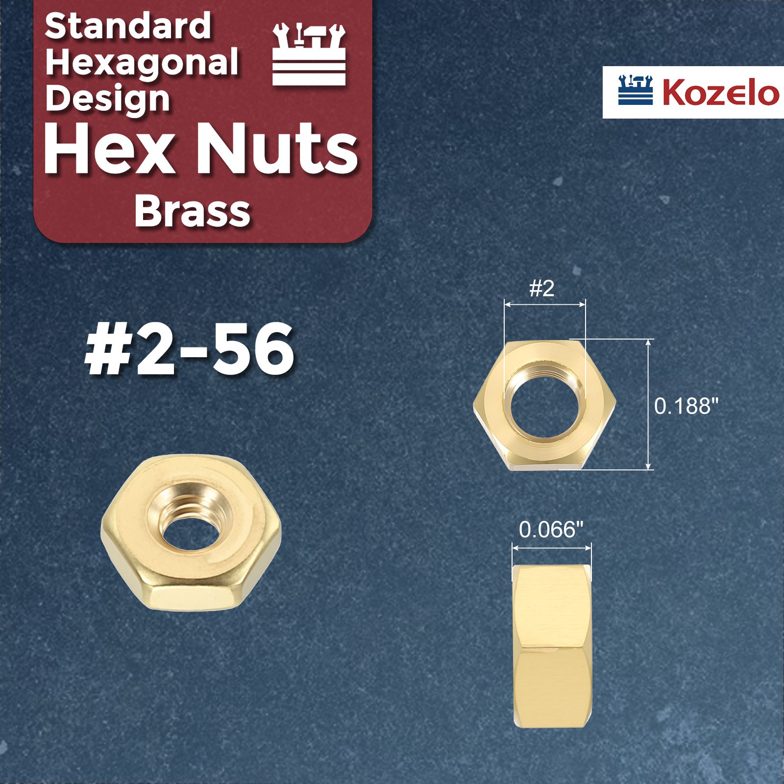 100pcs Hex Nuts - [#2-56] Brass Hardware Nuts, Yellow