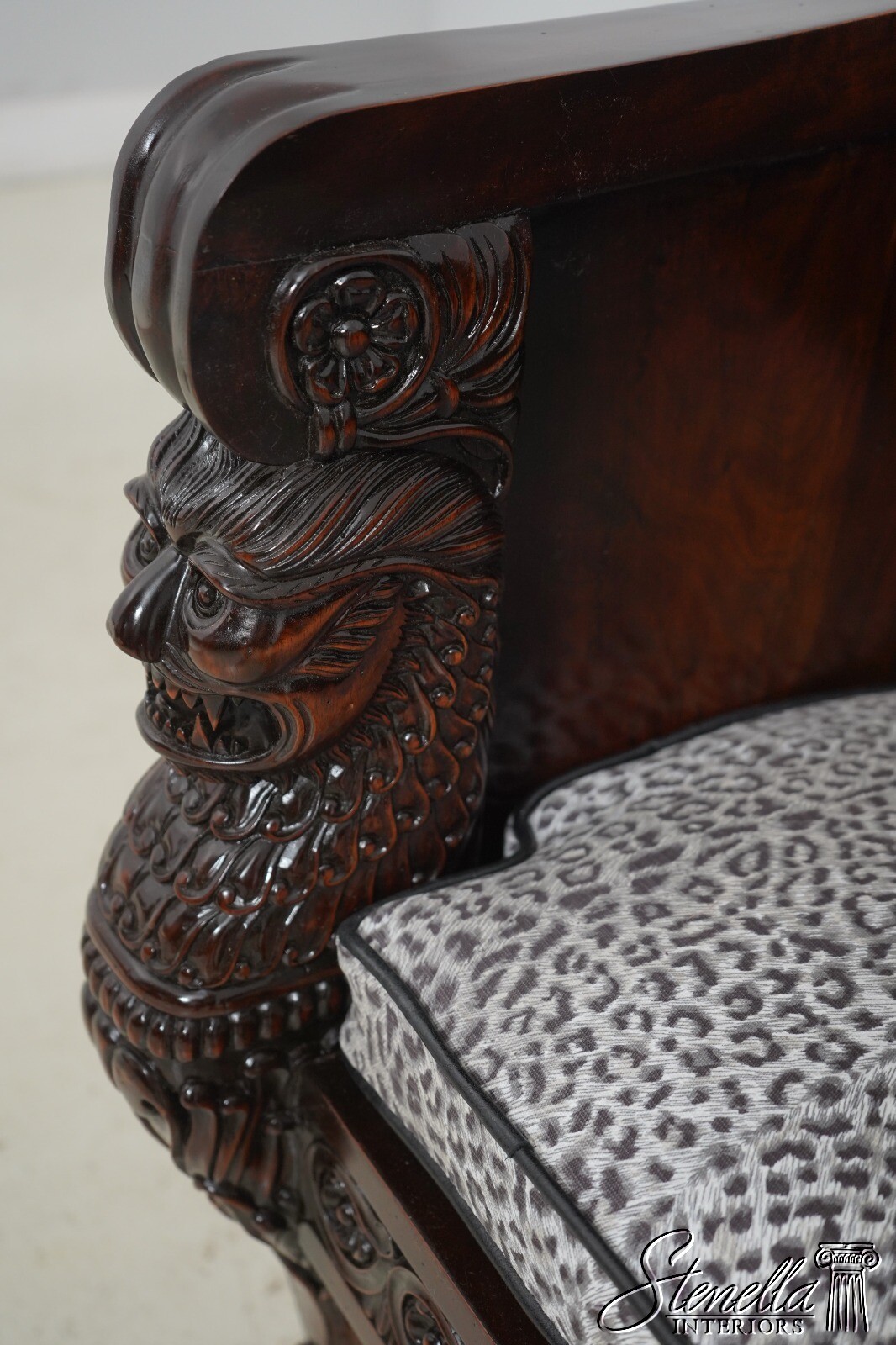 F62511EC: Monumental Ornately Carved Throne Chair w. Upholstered Seat