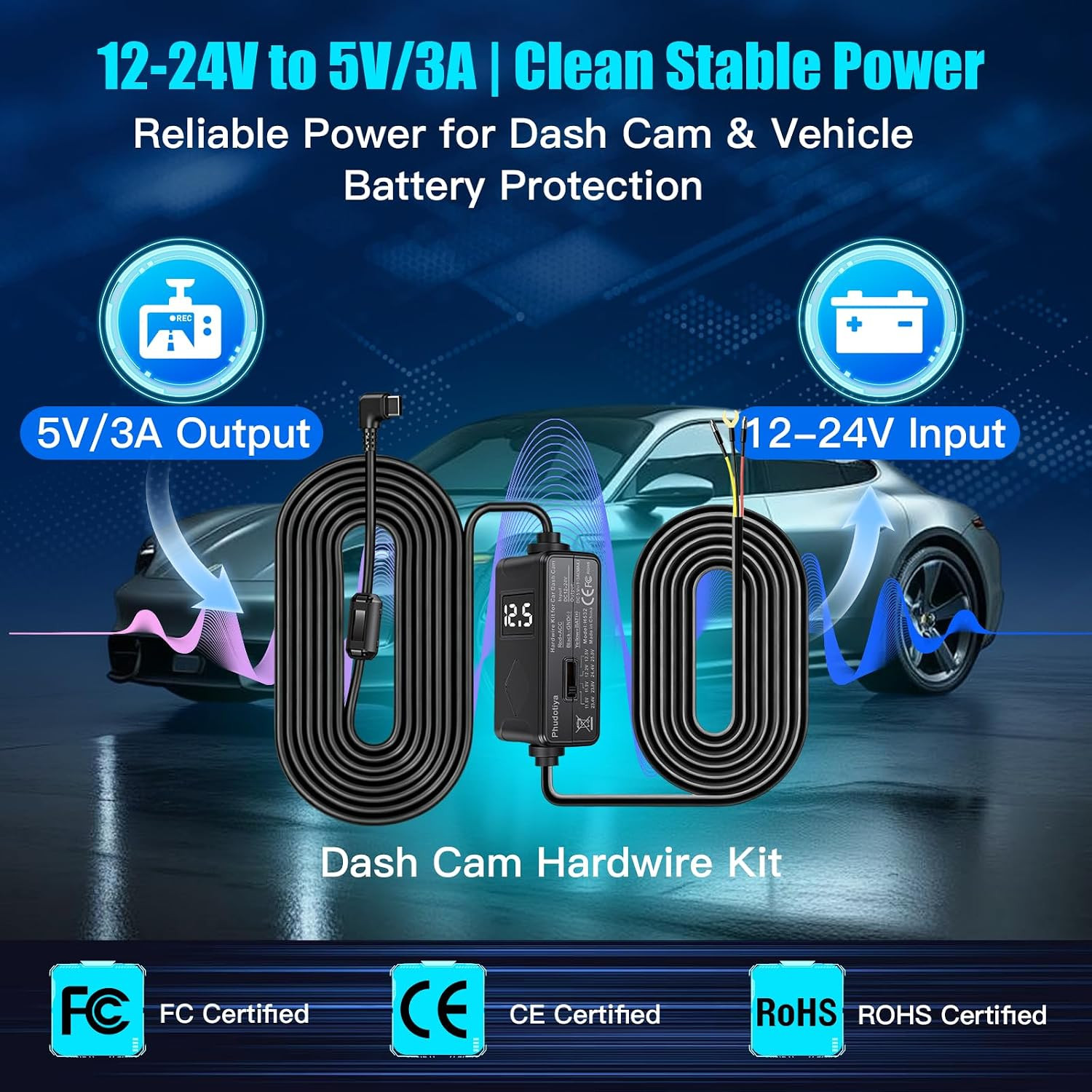 USB-C Dash Cam Hardwire Kit with Acc Detection, LED Display, 4-Level Adjustable