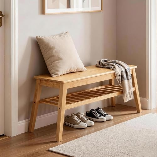 Entryway Bench, 33.46" Indoor Storage Bench, Small Wood Benches for Bamboo