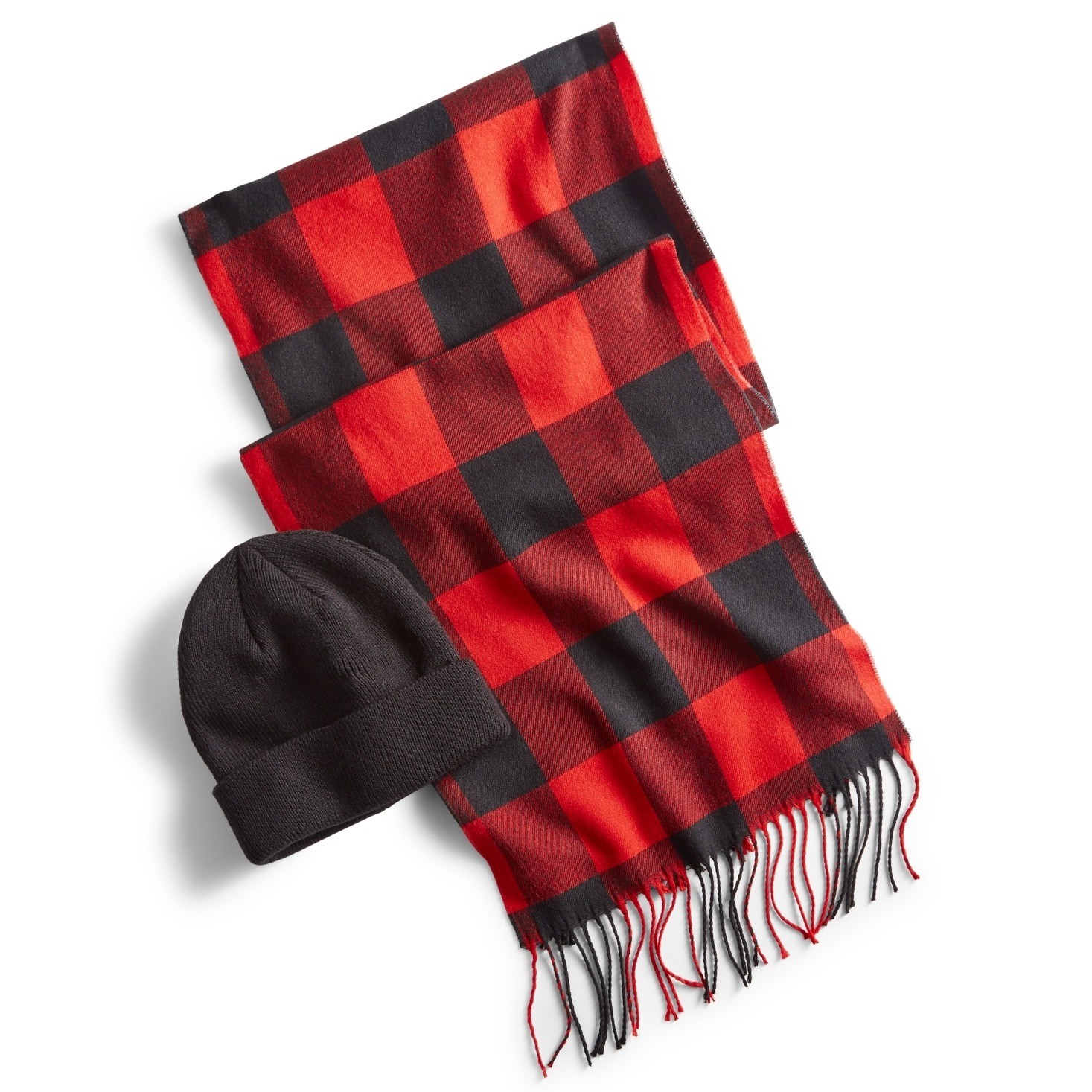 Club Room Beanie Hat and Scarf Gift Set Mens Red Black Buffalo Plaid Fringe NWT