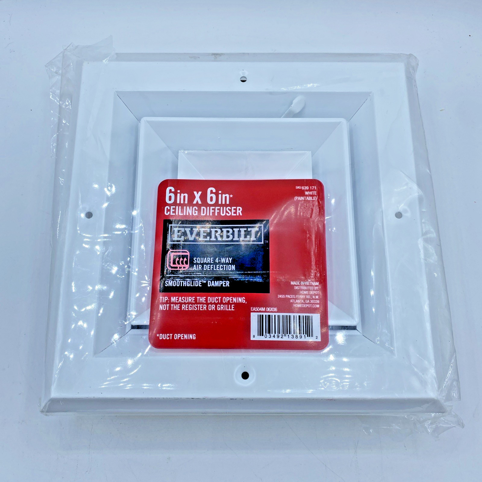 Everbilt 6 in x 6 in 4 Way Square Ceiling Diffuser White Paintable Metal NEW