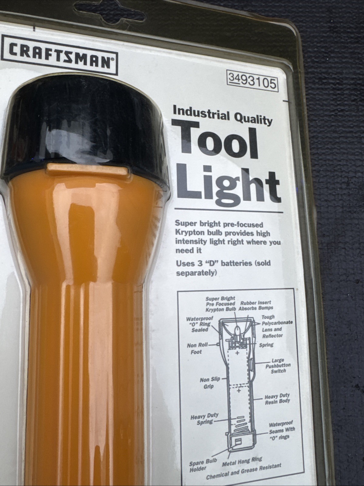 Rare Sears Craftsman Yellow Tool light 93105 3d Cell Flashlight Nos