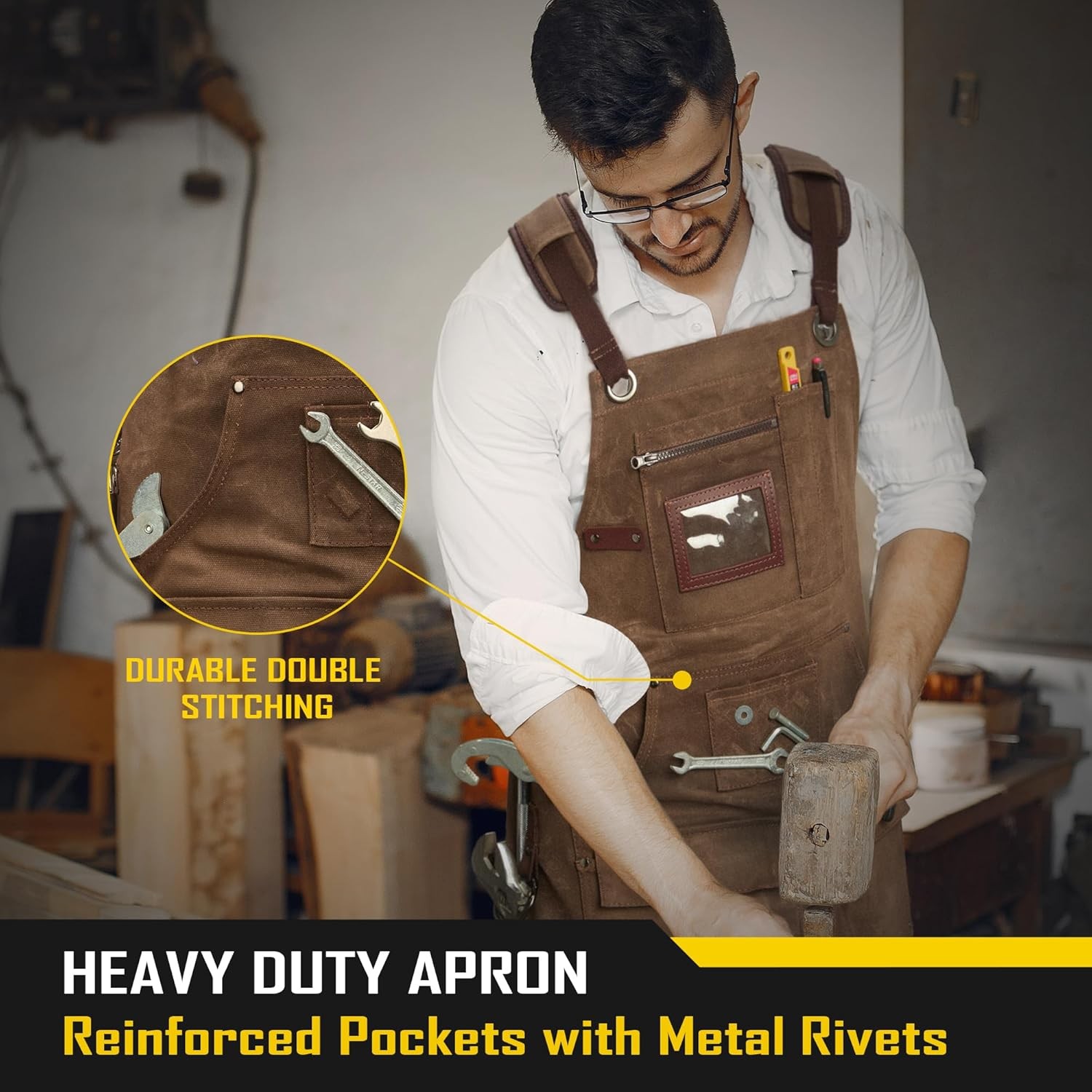 16oz Waxed Canvas Oversized Work Apron With Tape Holder Deep Pockets
