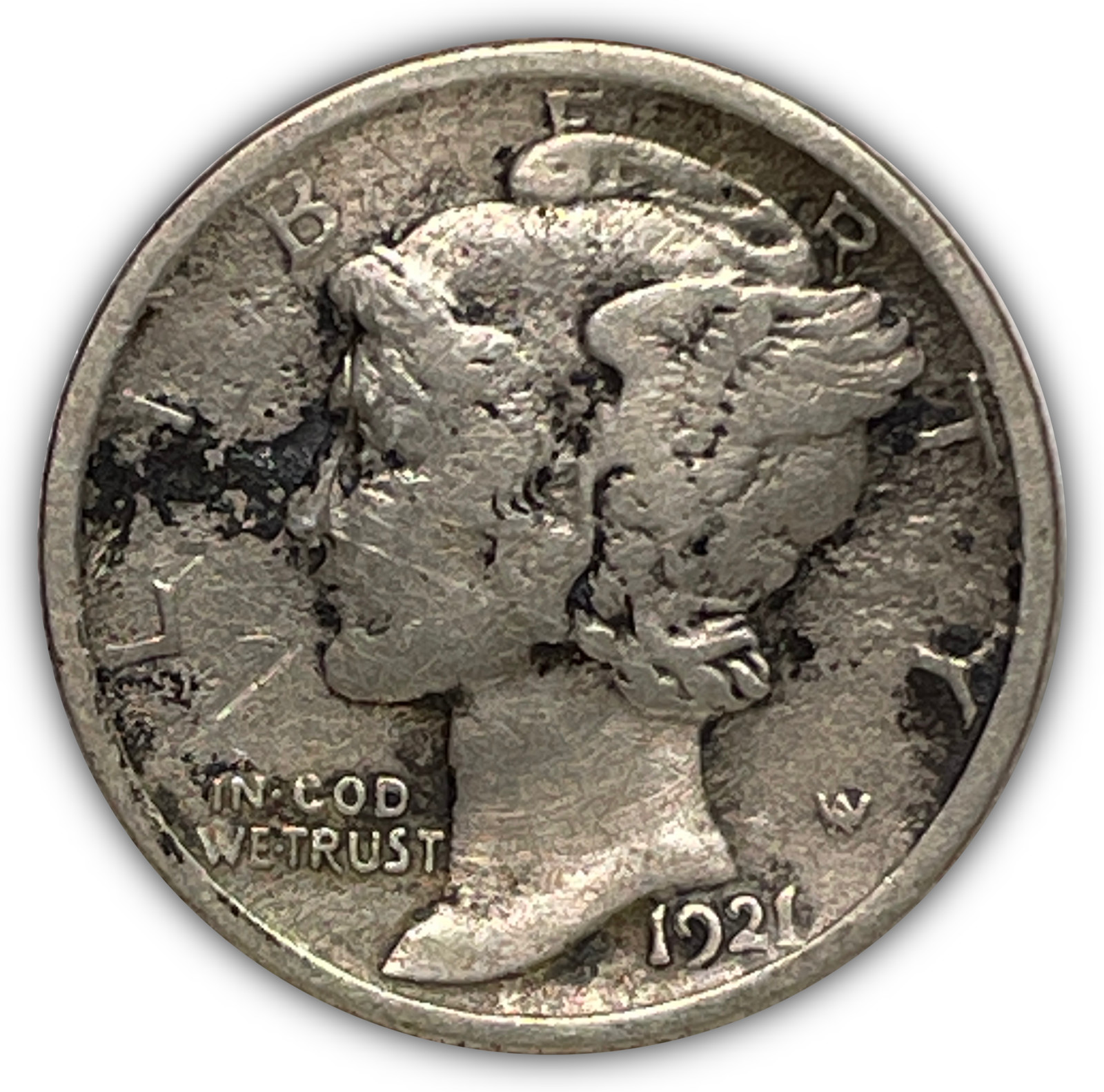1921 Mercury Silver Dime Very Fine VF Coin, Cleaning #11637T