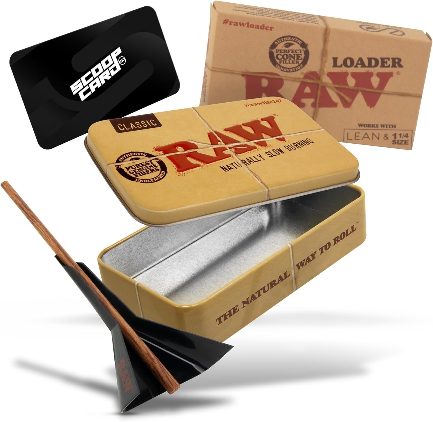 RAW Cone Loader for 1-1/4 and Lean Sized Cones + RAW Classic Tan Metal Tin Box
