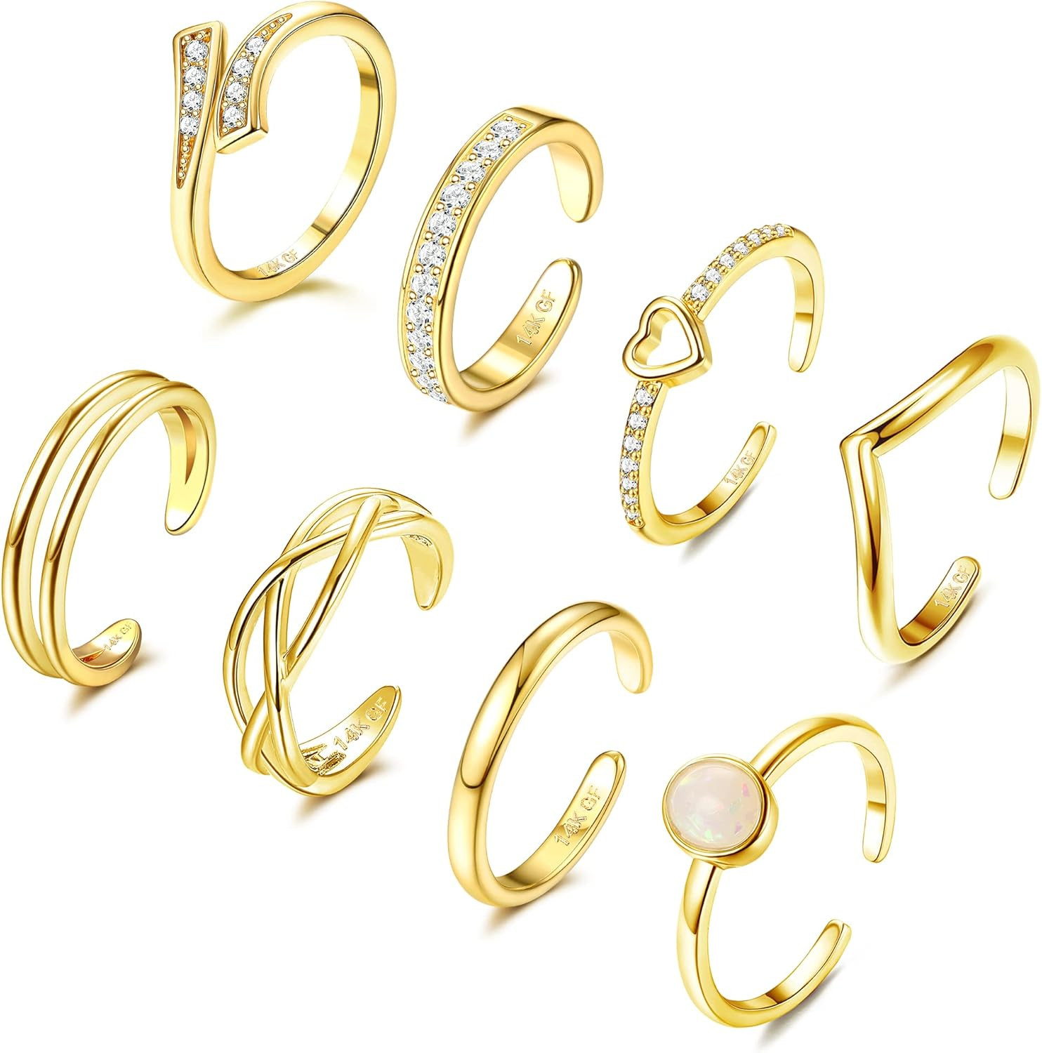 8Pcs 14K Gold Filled Toe Rings for Women Non Tarnish Adjustable Gold Toe Rings S