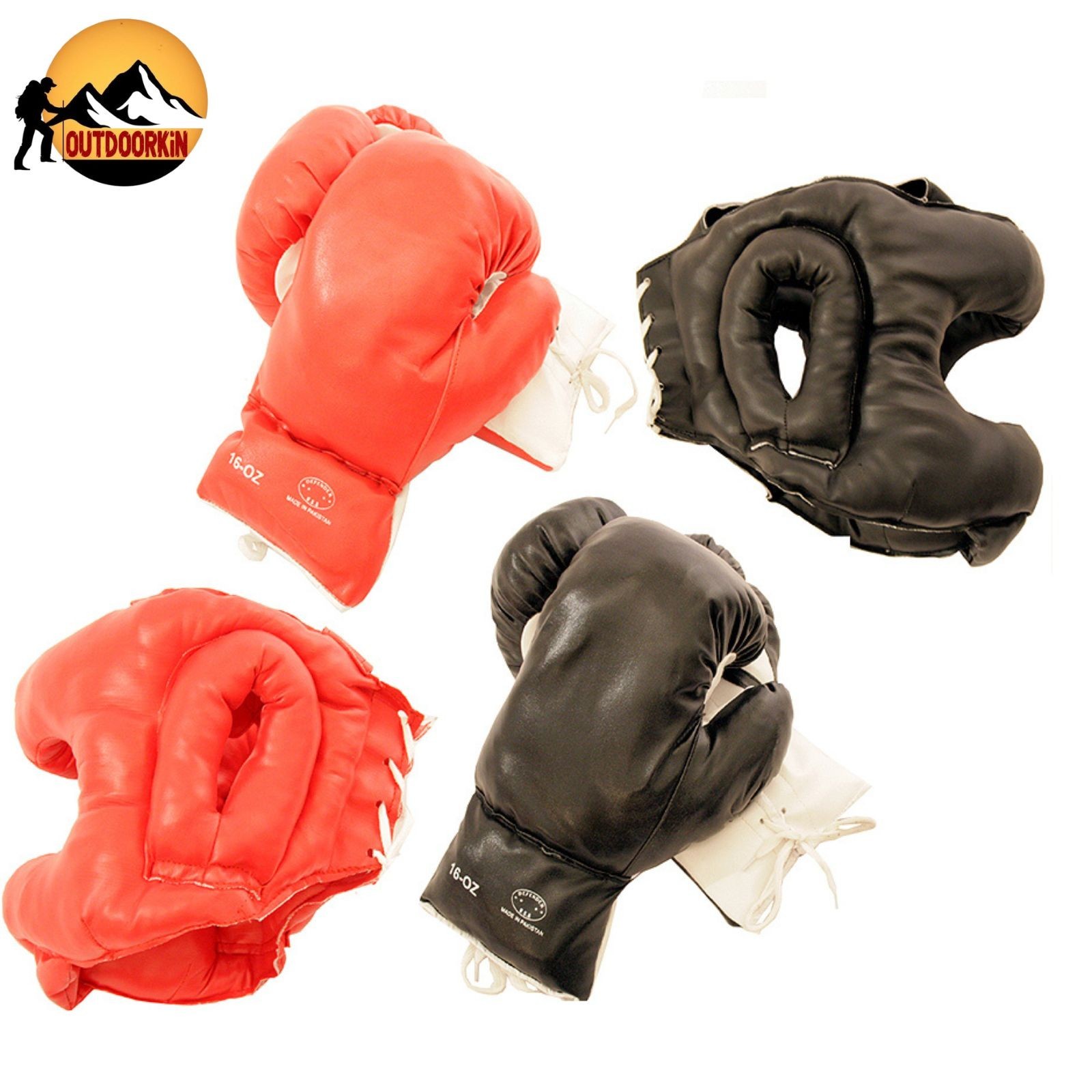 2 Pairs Boxing Gloves & 2 Head Gears Set Red Black 16oz Adult Training Gear