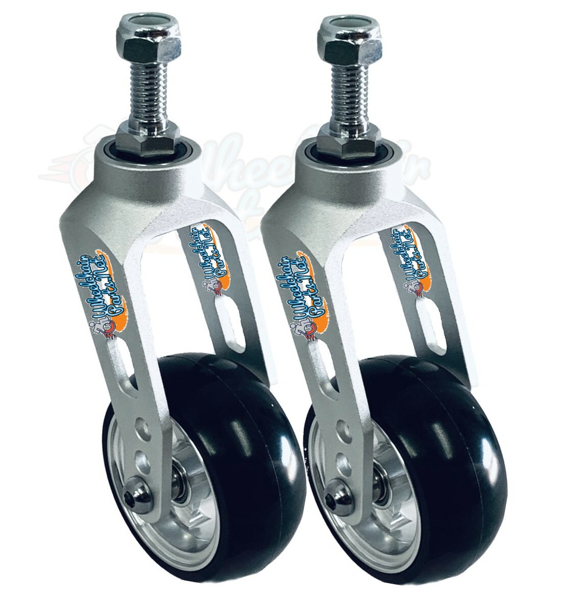 ALUMINUM CASTER FORK (SILVER) ASSEMBLY WITH WHEELS. CHOOSE YOUR WHEEL SIZE