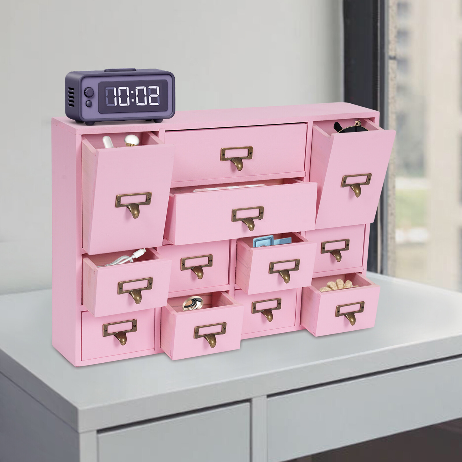 12 Drawers Wooden Desktop Organizer Home Storage Case Cosmetic Dresser Box new