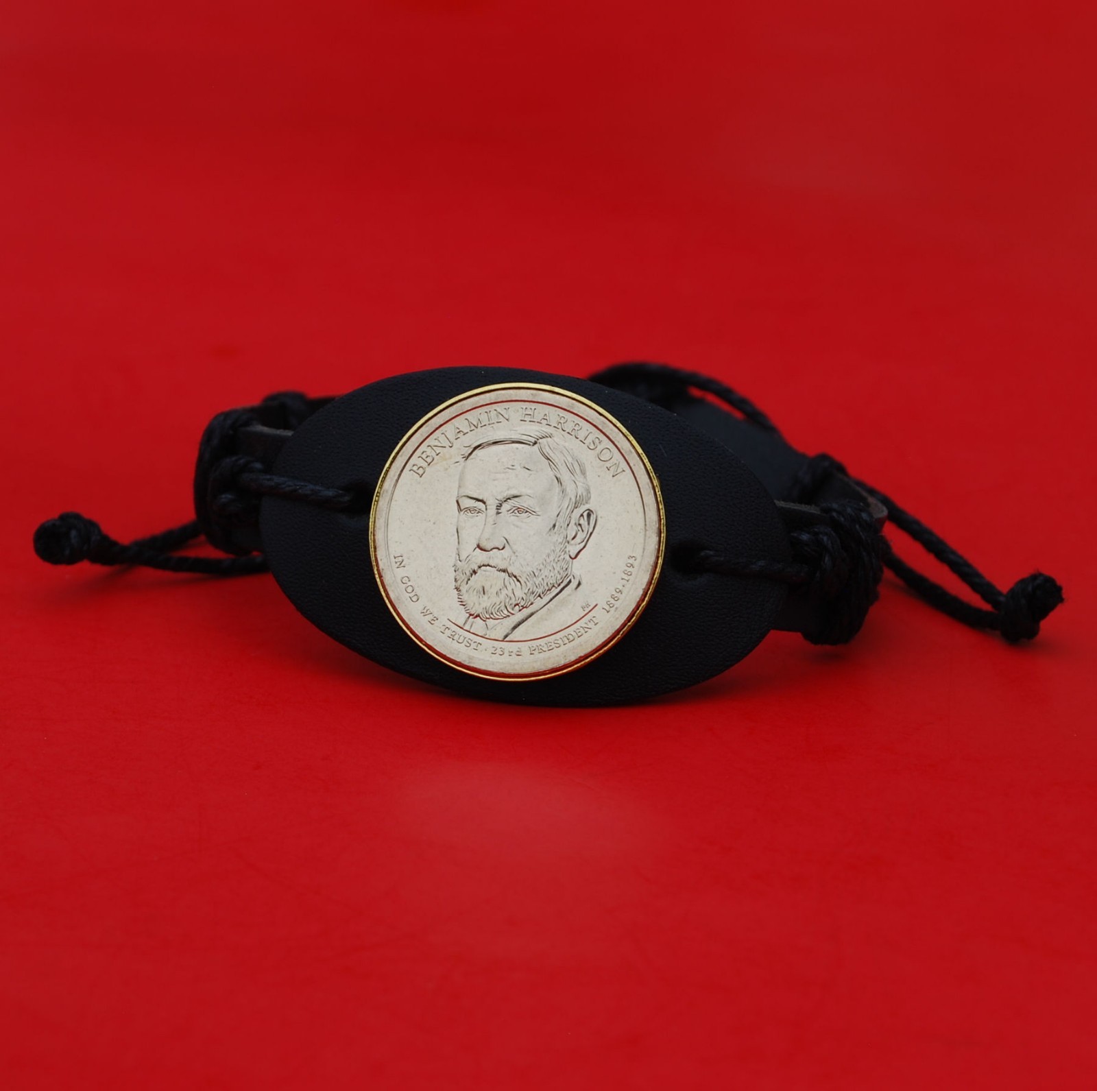 2012 Presidential Coin Genuine Leather Wristband Bracelet -  Benjamin Harrison