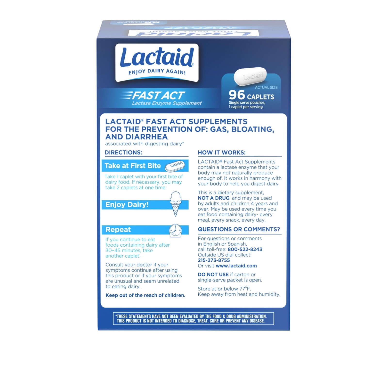 Lactaid Fast Act Lactose Intolerance Caplets w/ Lactase Enzyme - 96 Count