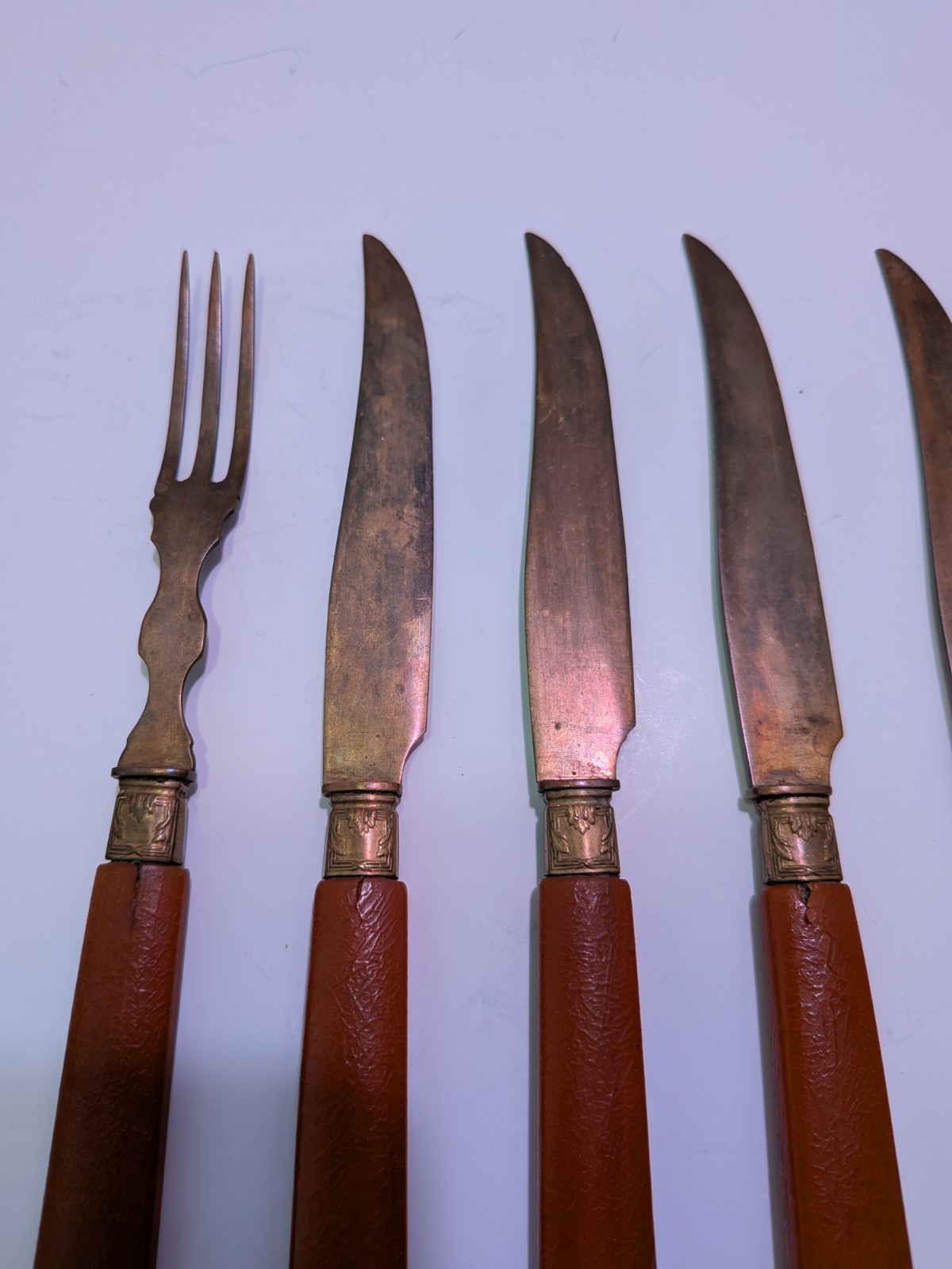 Vintage Red And Brass Fork And Knife Set 6 Ct