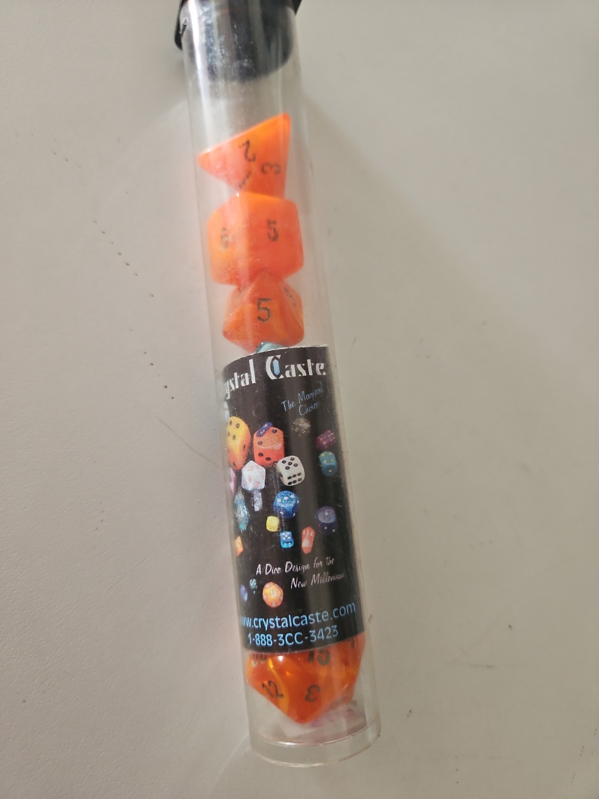 OOP Crystal Caste Orange w/ Black Ink Silk Full Set of 7 Rpg Ad&d Dice