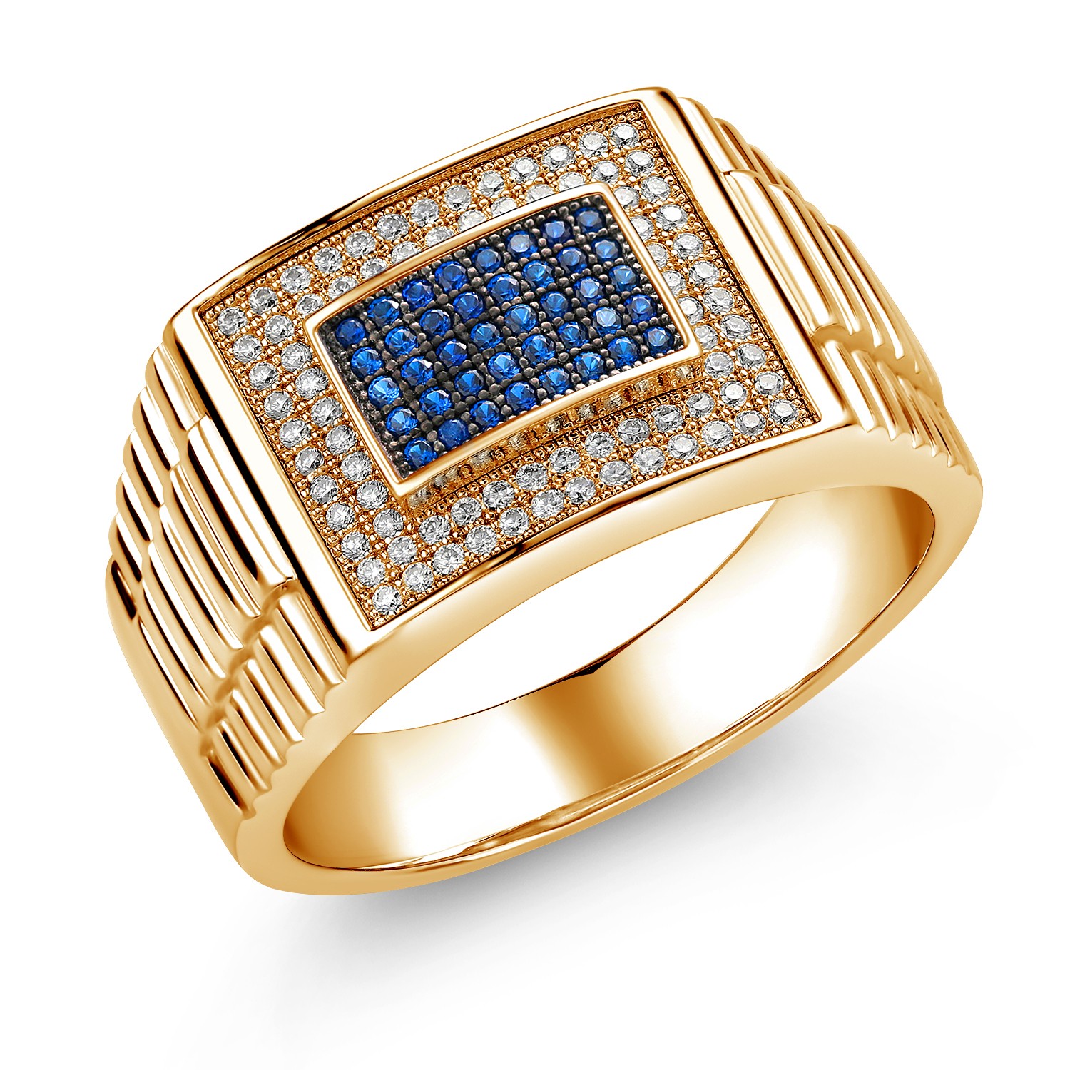 18K Yellow Gold Plated Silver Created Sapphire and White Moissanite Ring for