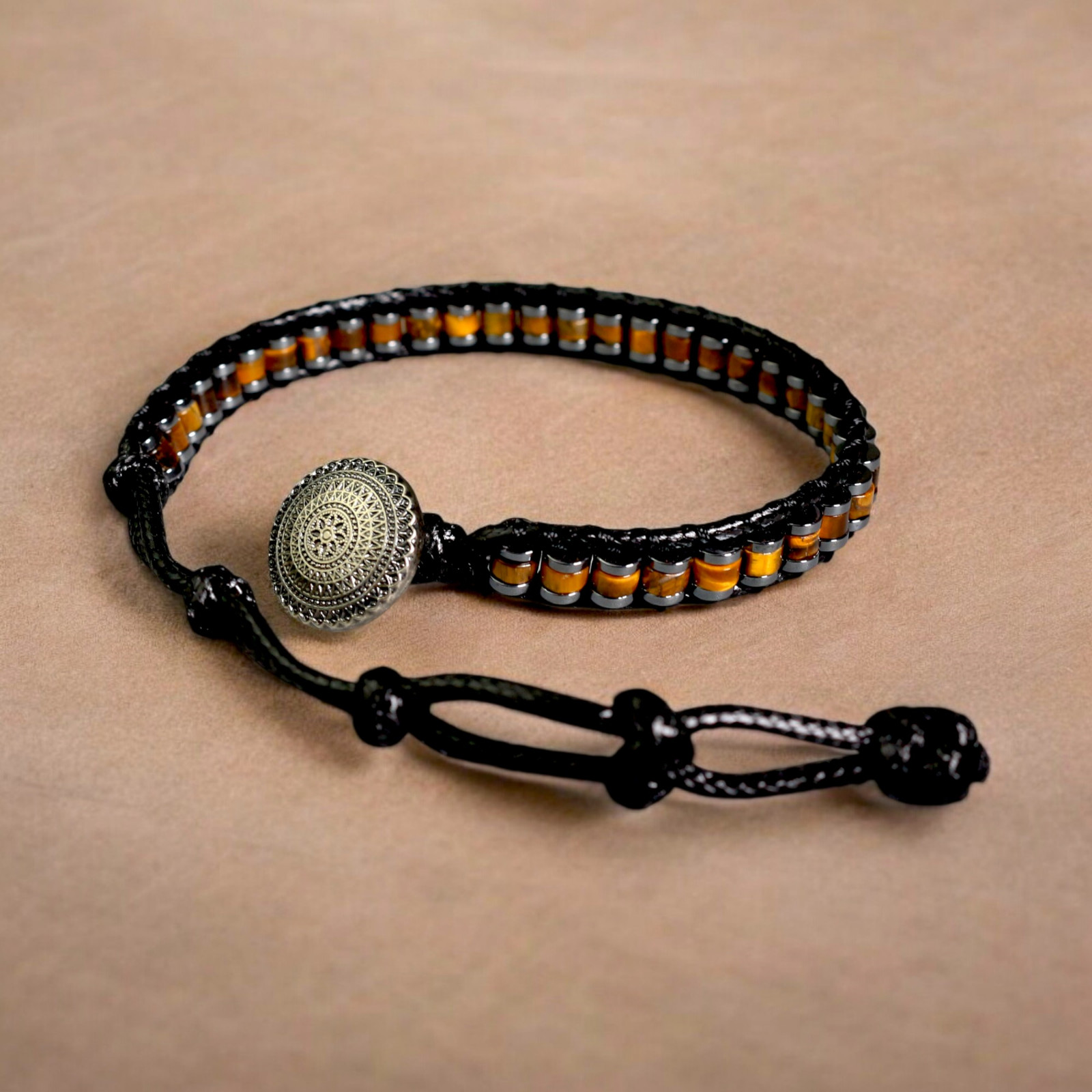 Men's Tiger Eye Hematite Beaded Armlet Bracelet Adjustable Masculine Bangle Gift