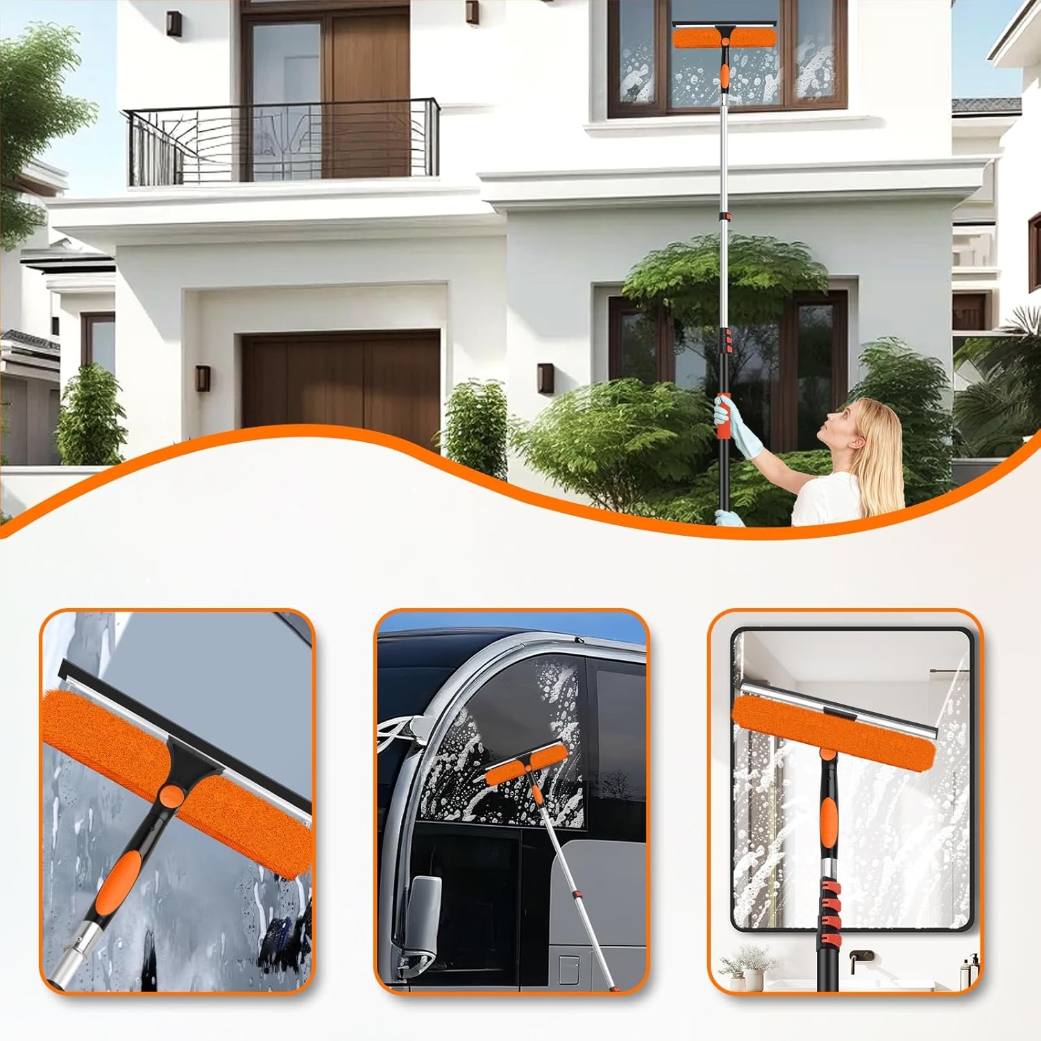 26FT Telescoping Window Cleaning Kit with 14" Squeegee - 2-in-1 Professional