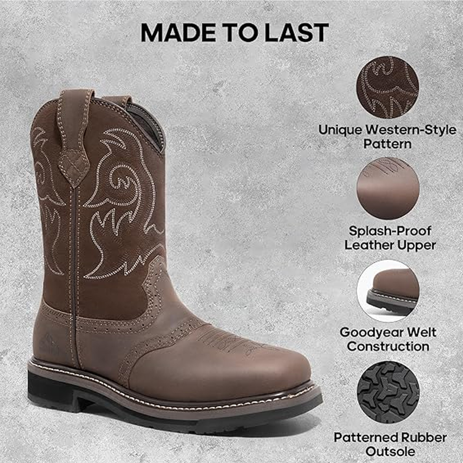 Men Western Boots Steel Toe Boots Square Toe Mid Calf Leather Farming Work Boots