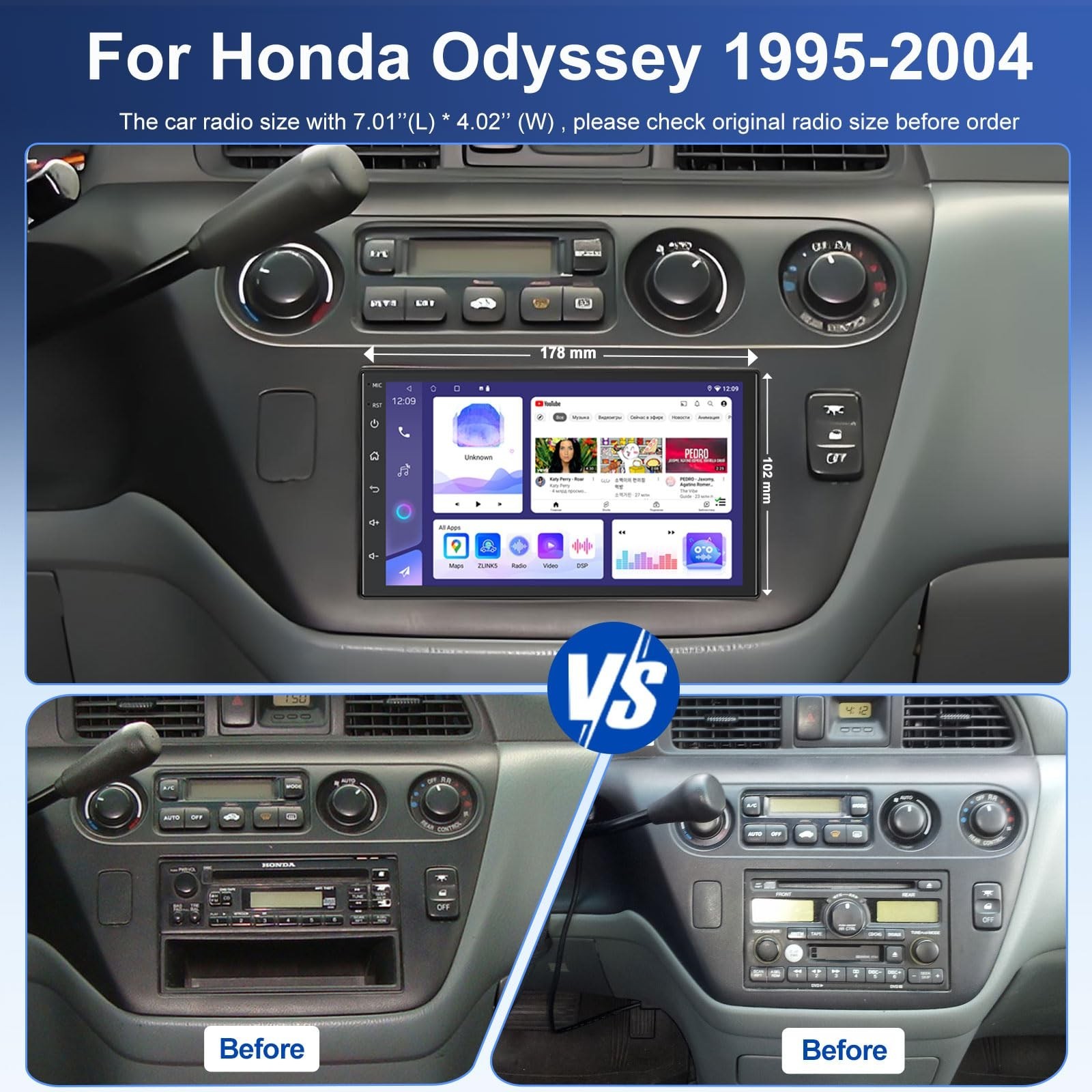 4+64G Car Radio for Honda Odyssey 1995-2004 with Carplay & Android Auto, 7 In...