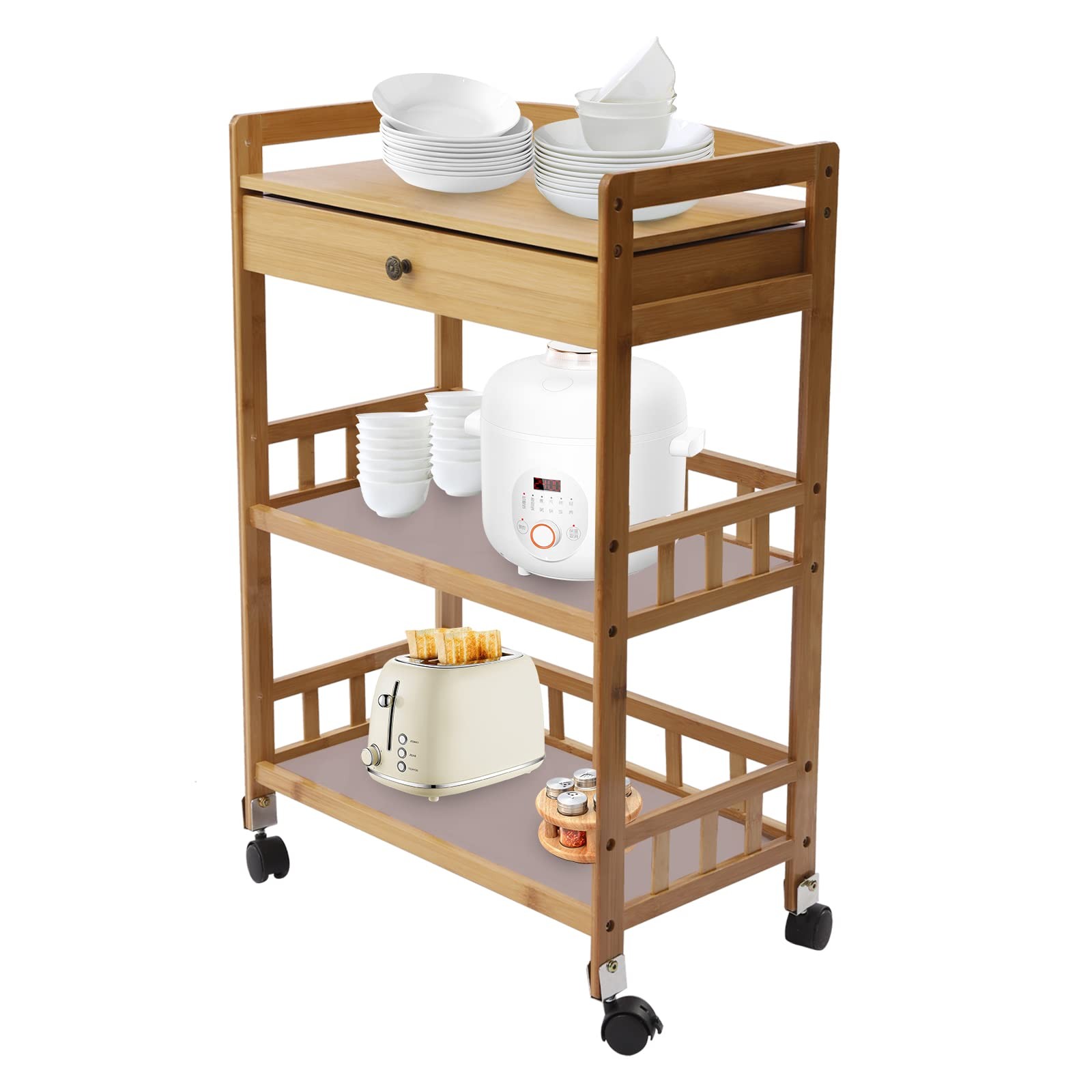 Kitchen Mobile Rolling Serving Cart Storage 3 Tiers Standing Wood Color