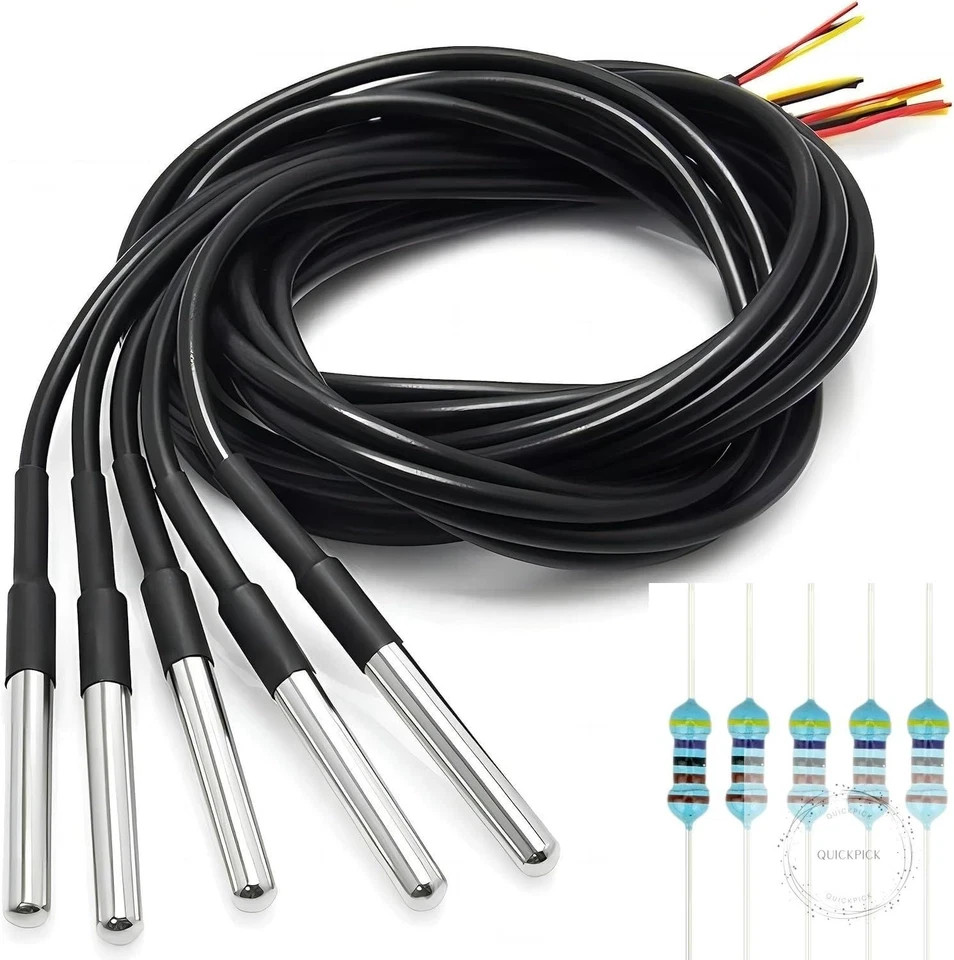 5 Pcs DS18B20 Temperature Sensor Probe High-Accuracy Waterproof Equipped