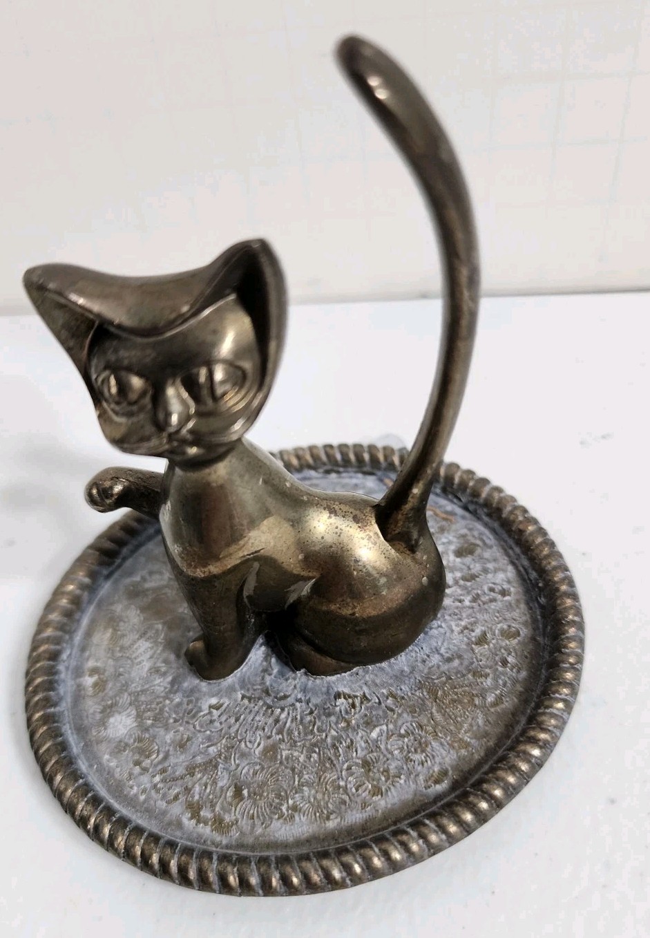 Vintage Cat Long Tail Figurine Silver Plated Ring Holder Trinket Jewelry Dish 3"