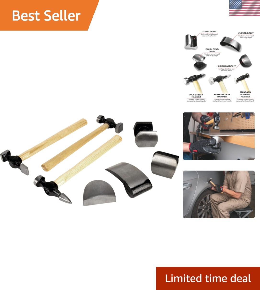 Versatile 7-Piece Auto Body Repair Kit with Carbon Steel & Hardwood Construction